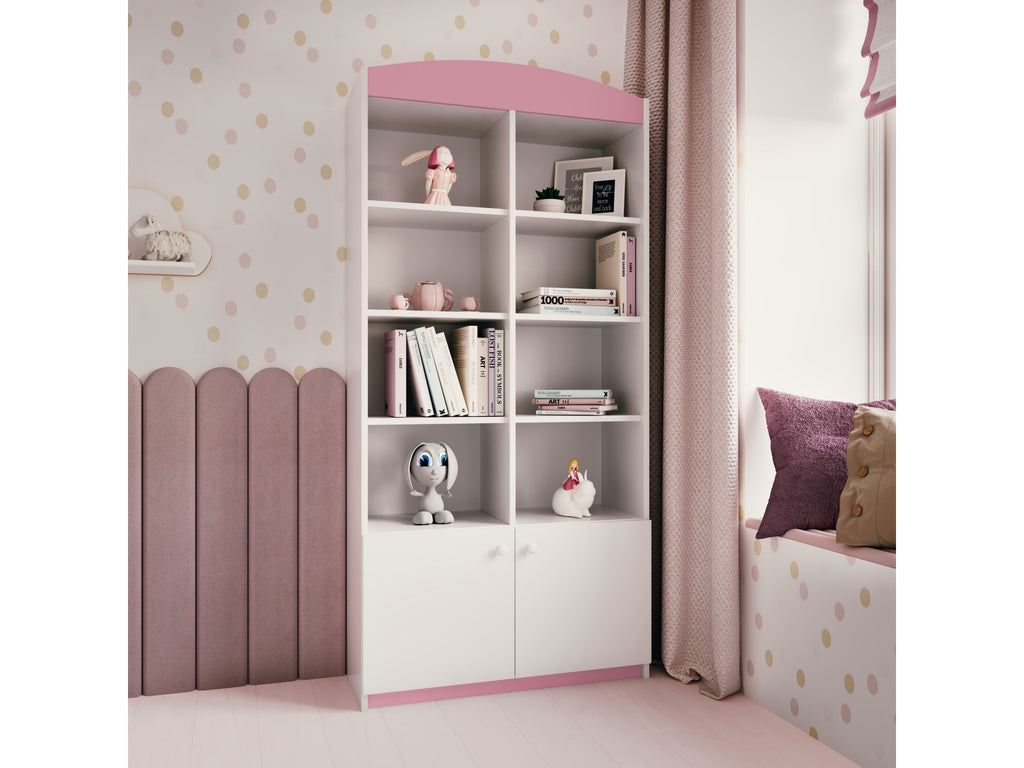 functional kids double shelf with open and closed storage in a warm, sunlit nursery corner