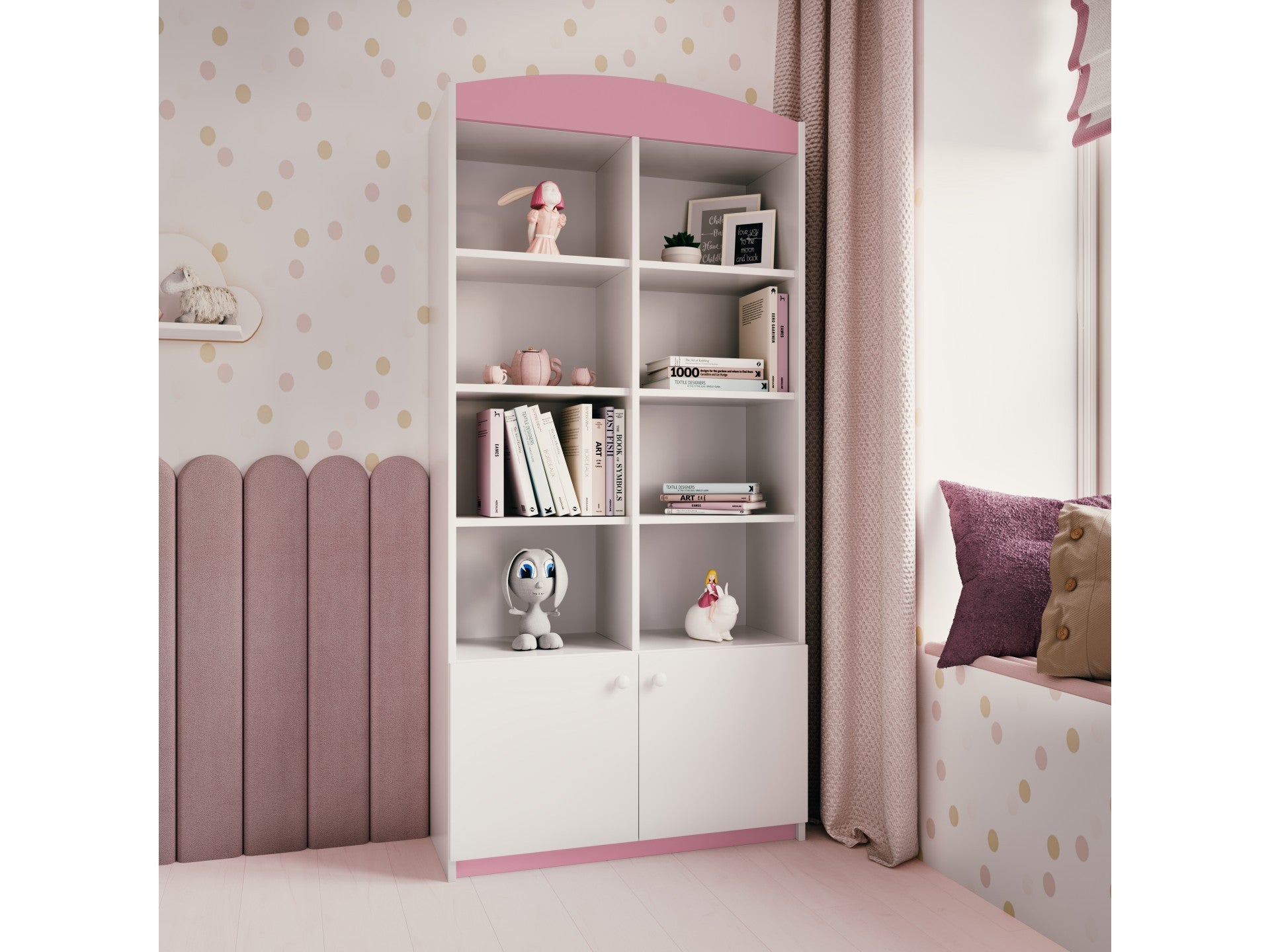 functional kids double shelf with open and closed storage in a warm, sunlit nursery corner