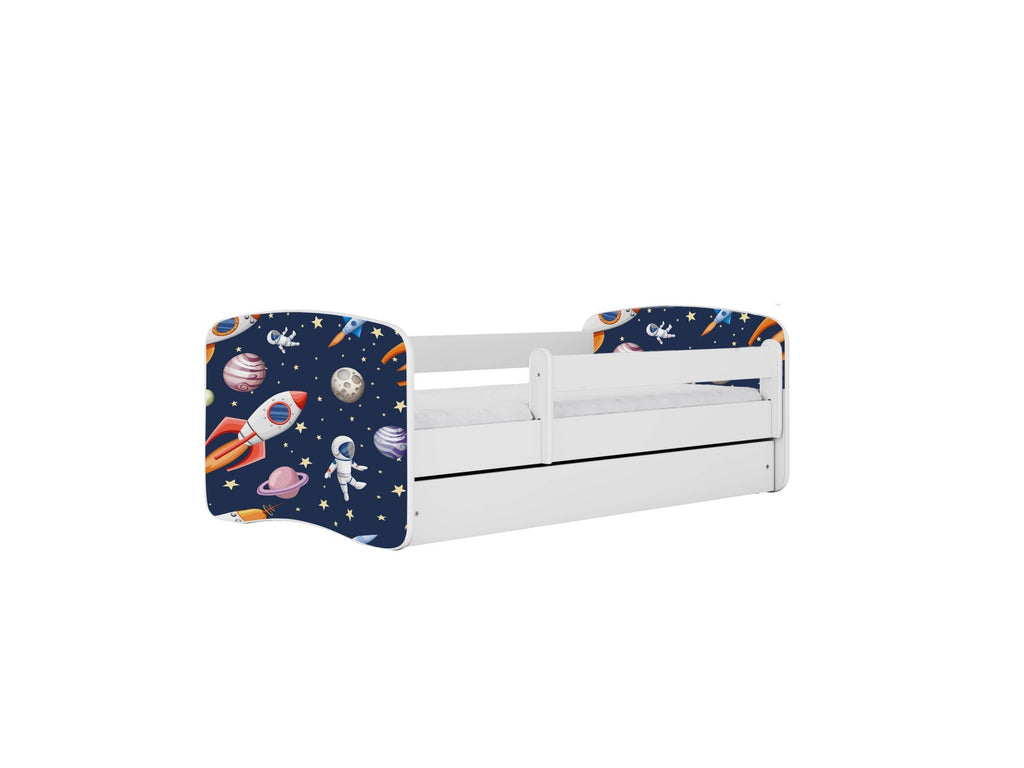 babydreams cosmos children's bed with playful star stickers and a convenient rolling storage drawer