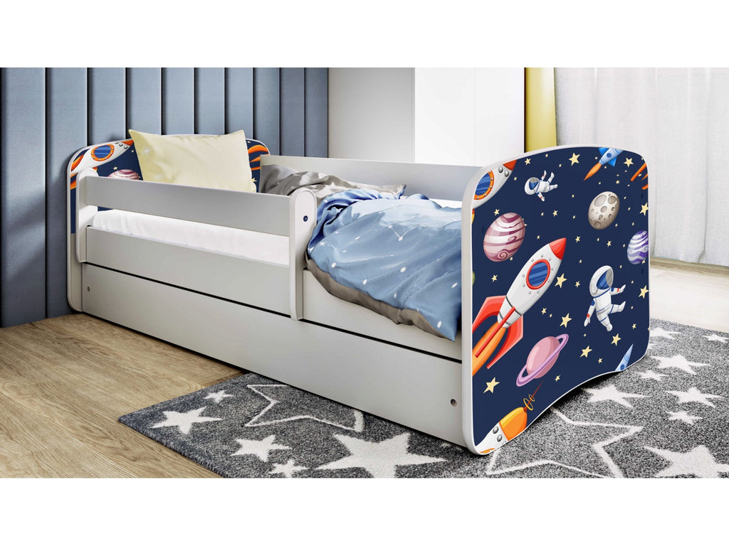 bold front view of the babydreams cosmos kids bed with its durable frame and cosmic-themed stickers