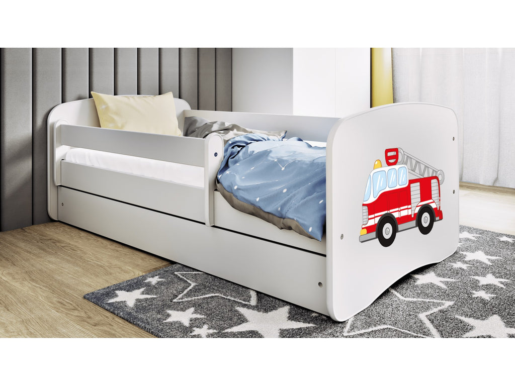 bold front view of a fire truck kids bed with vibrant decals and sturdy guardrail