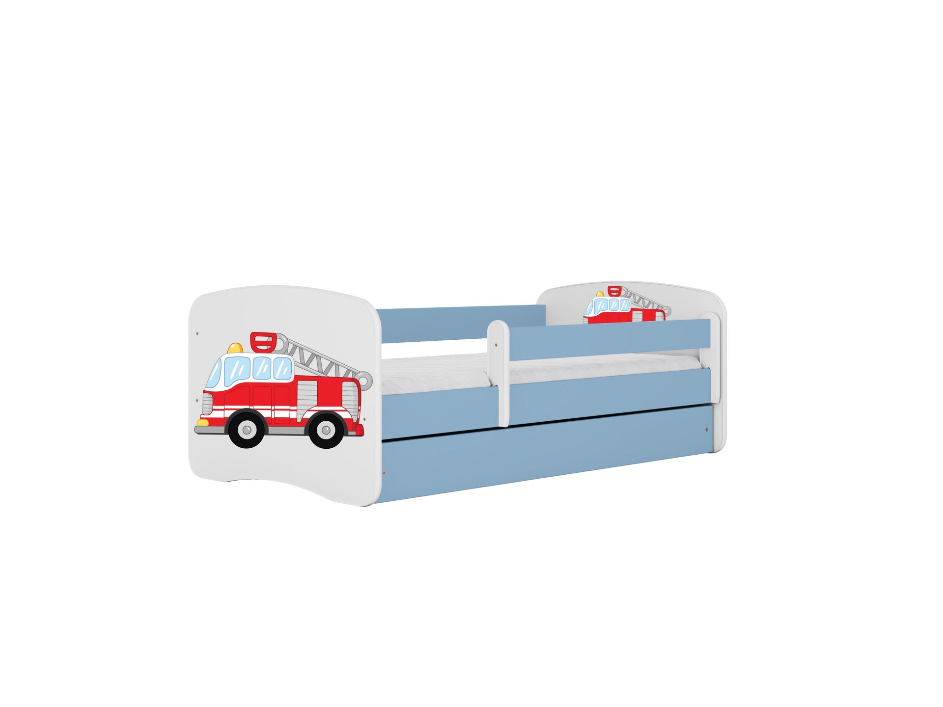 practical view of the fire truck bed's sturdy birch slat frame and under-bed storage drawers