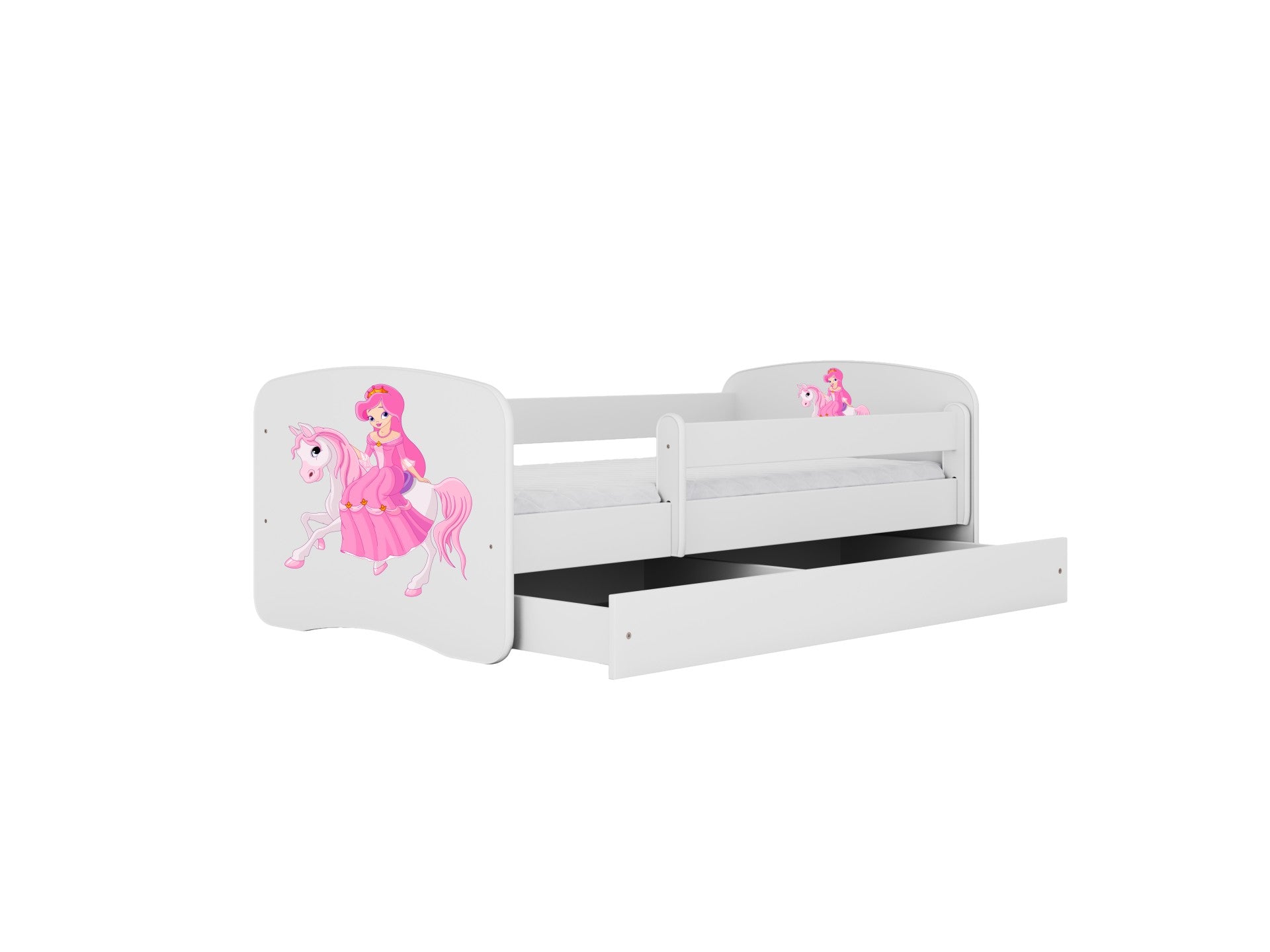 elegant pink princess children's bed with a majestic horse motif and a convenient storage drawer