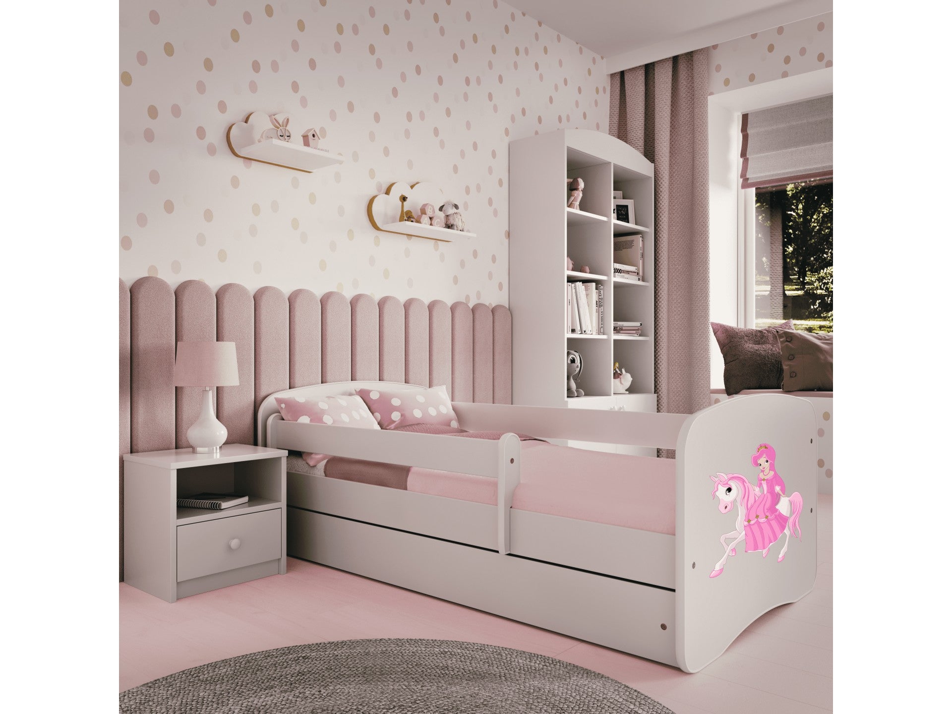 bold princess on horse children's bed in white with guardrail and storage drawer