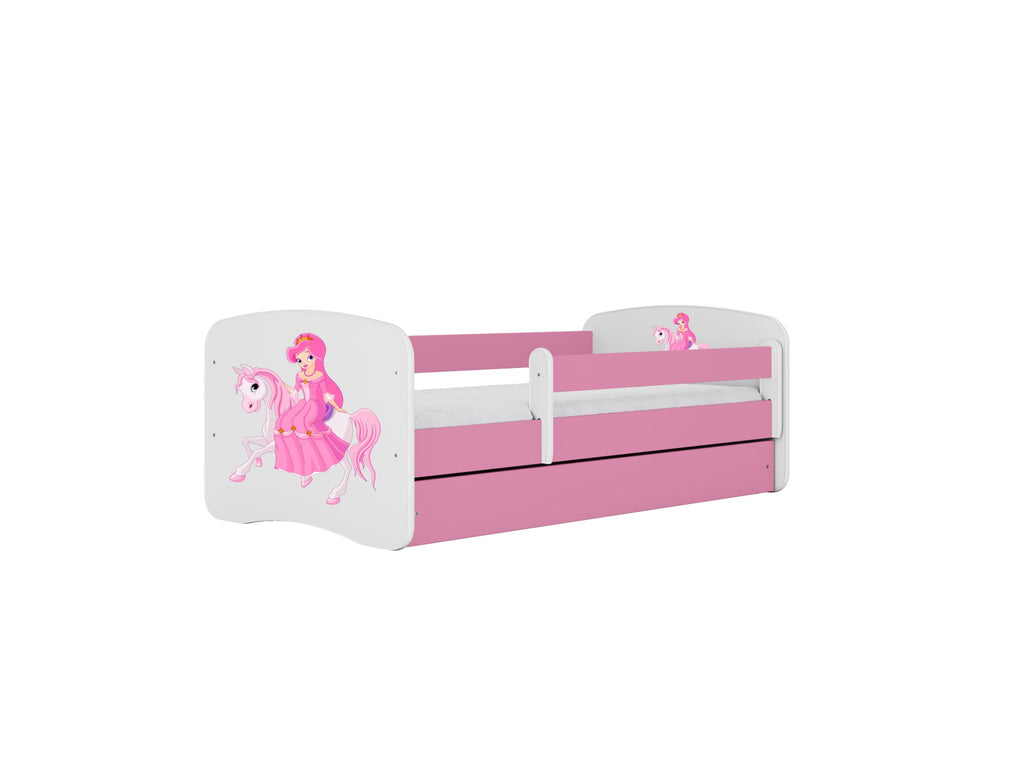 pink babydreams children's bed with princess on a horse sticker and convenient wheeled storage drawer