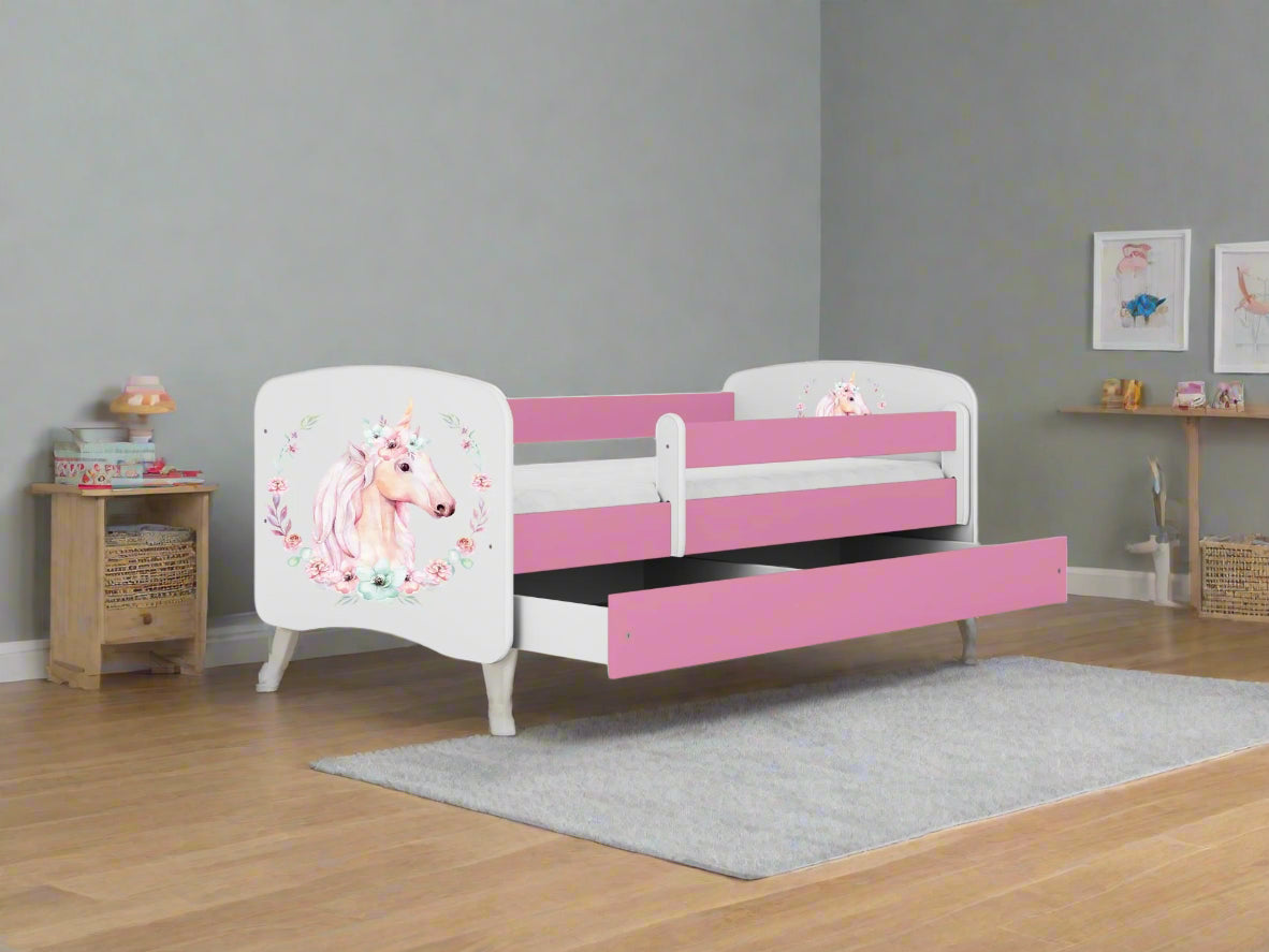 a bold, low-angle shot of the sturdy dreamy unicorn bed, showcasing its power to transform bedtime battles into magical slumber