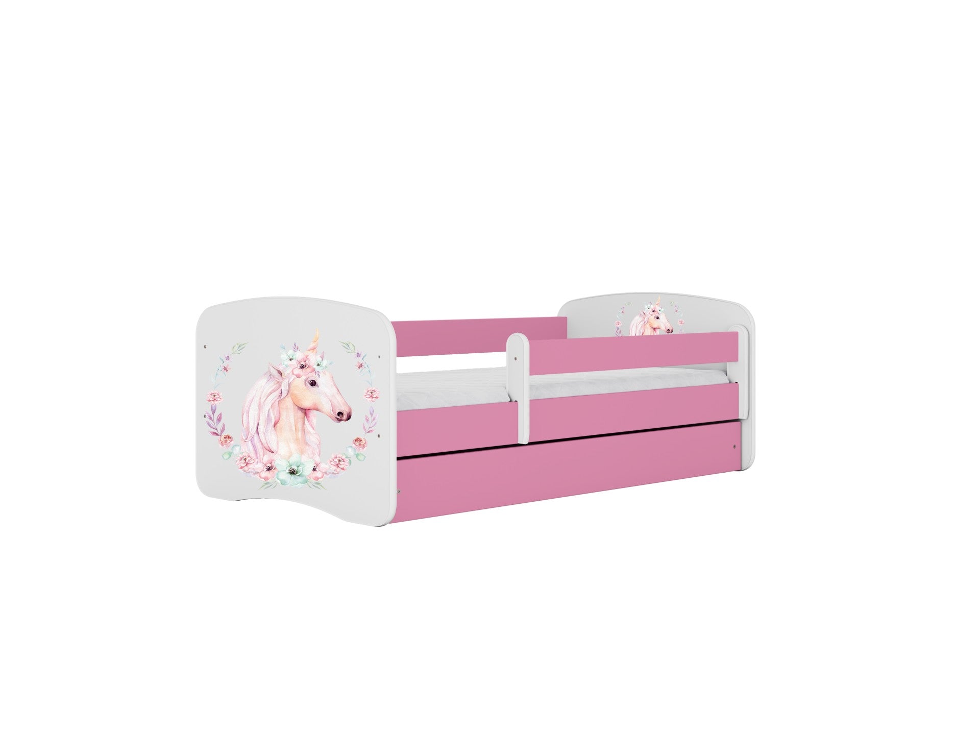 a soft pink unicorn bed for a child's room, shown in gentle morning light with a cozy blanket
