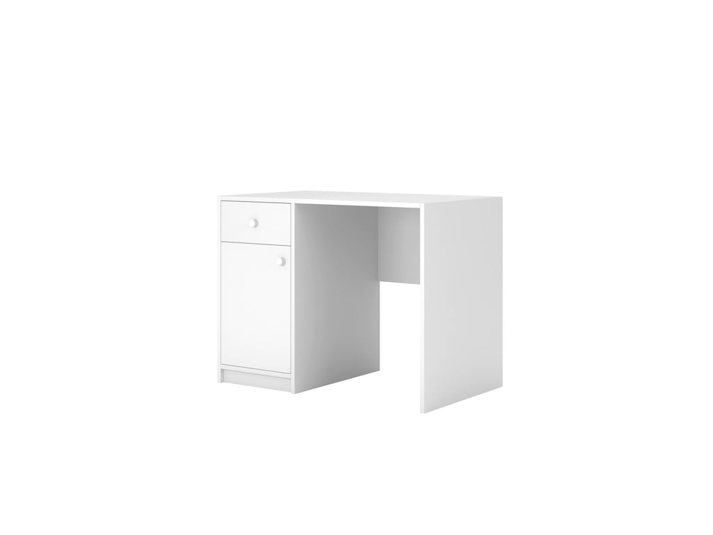 functional white kids desk with open cabinet showing two shelves for storage