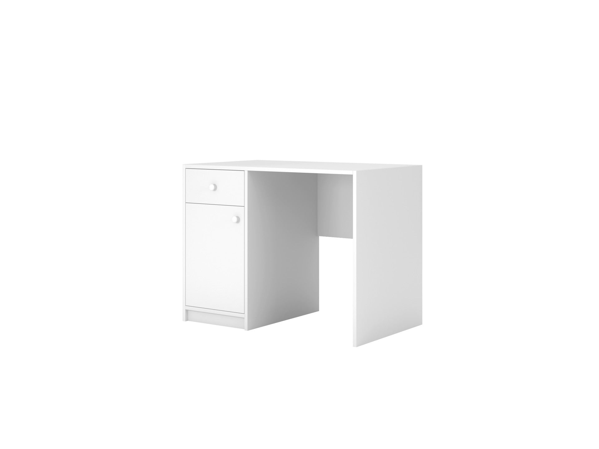 functional white kids desk with open cabinet showing two shelves for storage