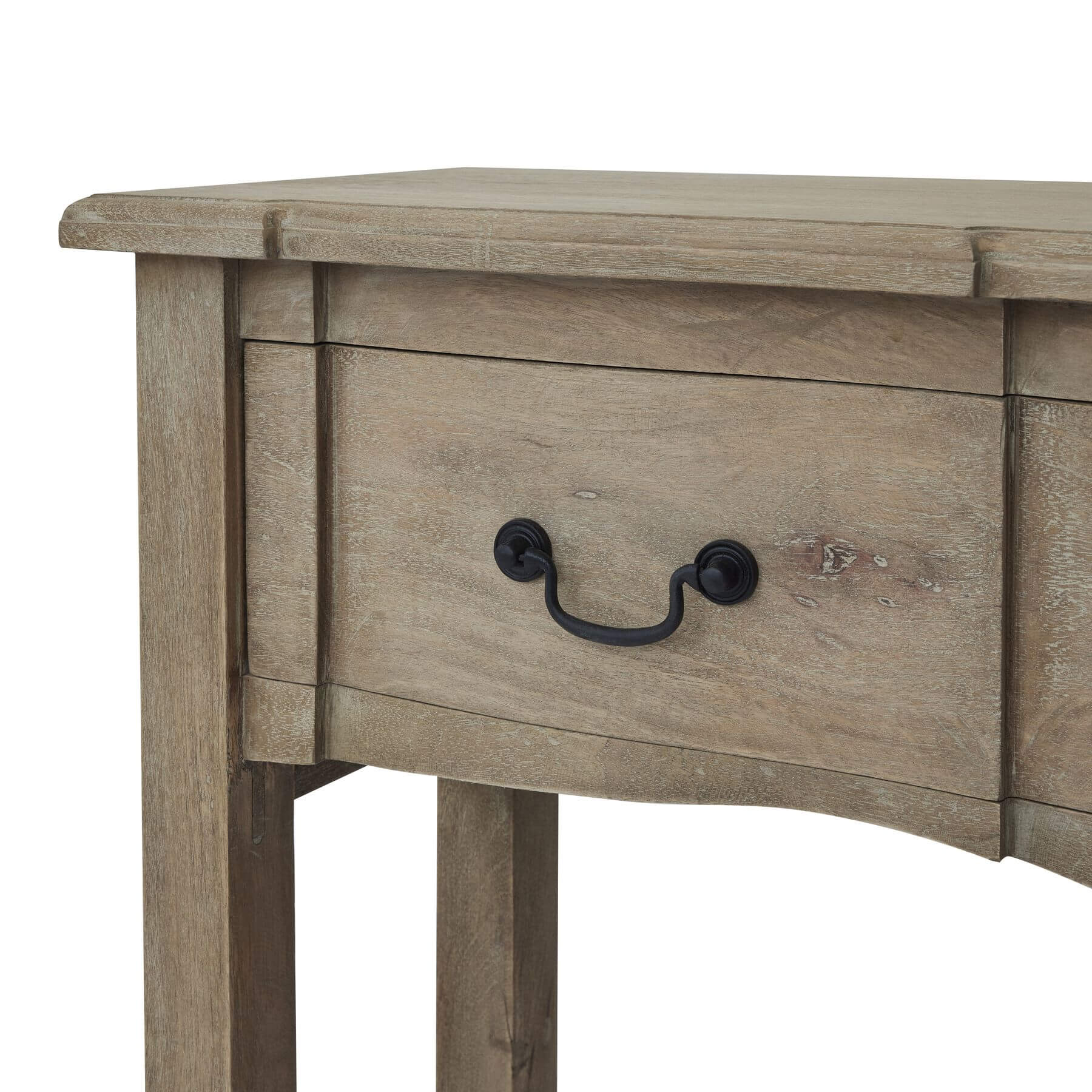 French provincial hardwood console with bleached finish and black iron handles, elegant living room furniture by sostter at brixbailey.com