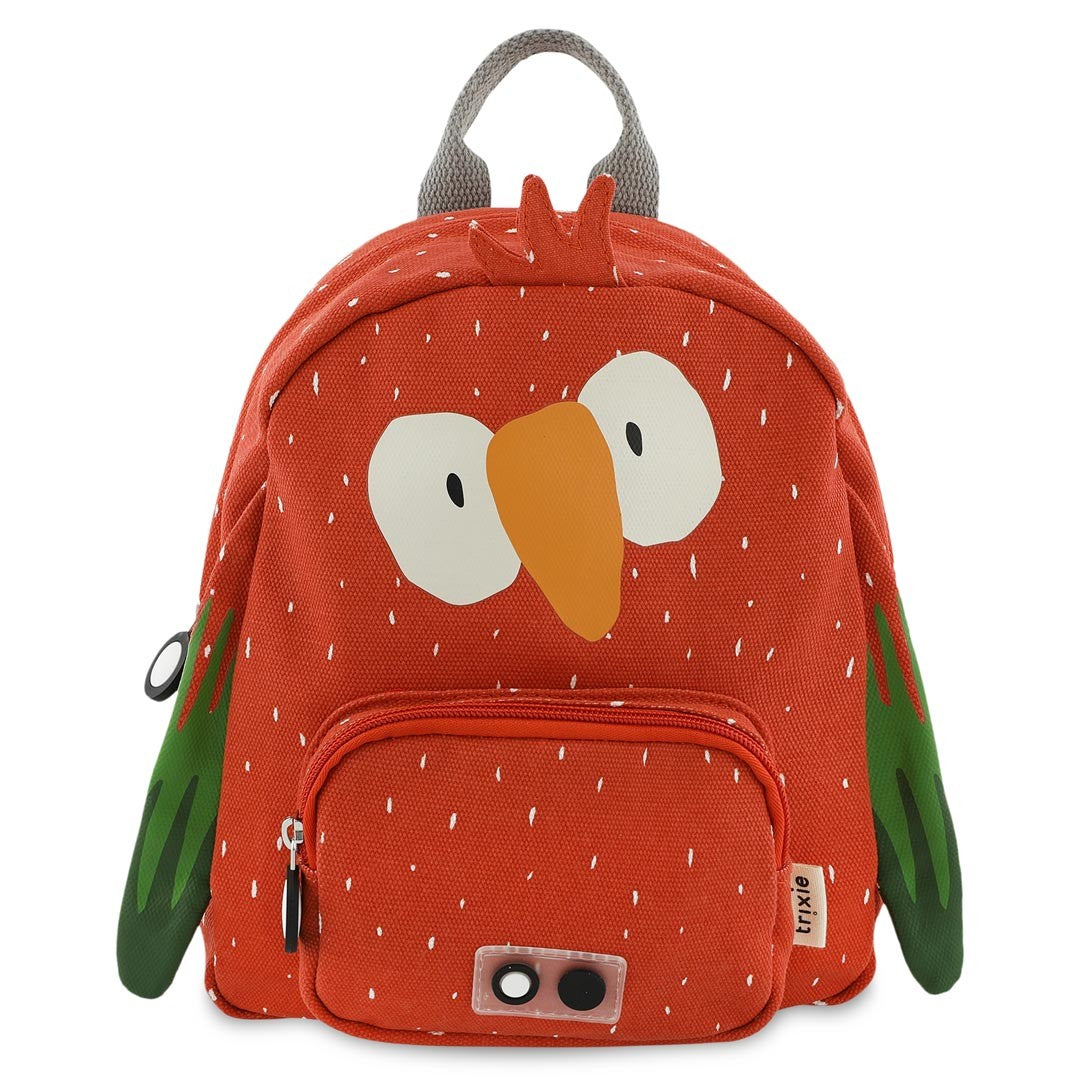 soft cotton kids backpack with mr parrot, showing its cozy adjustable straps and front pocket