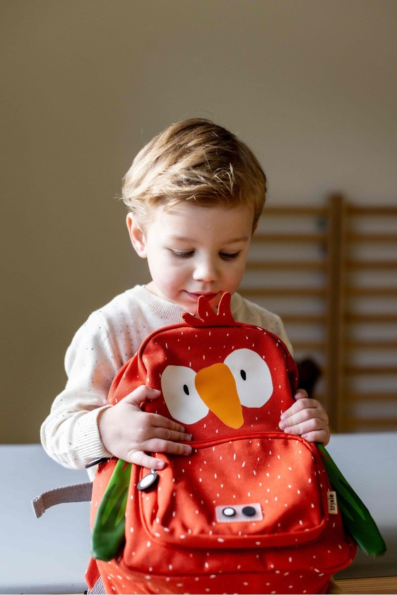 bold mr parrot kids backpack with adjustable straps and a vibrant water-repellent design
