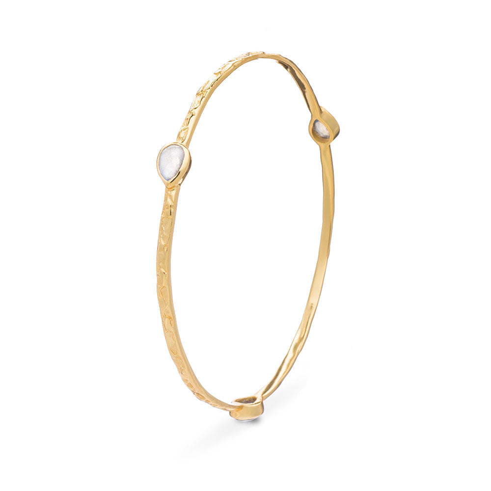 Three Stone Rainbow Moonstone Stacking Bangle in 22K Gold