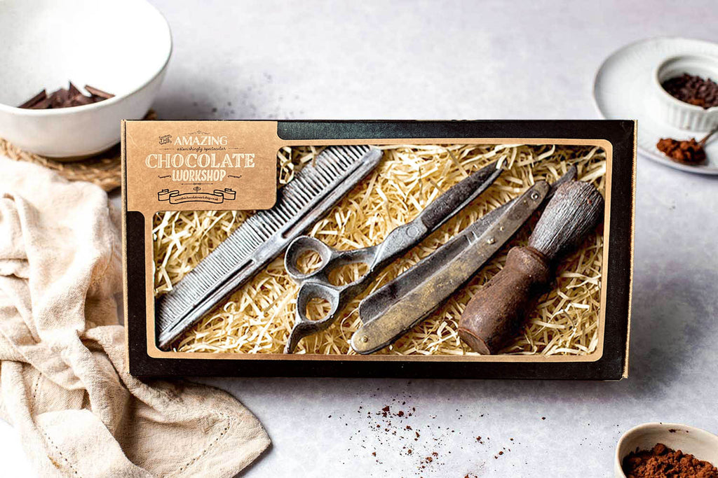 Barber and Beard Grooming Chocolate Gift Set with Razor Shaving Brush Scissors and Comb