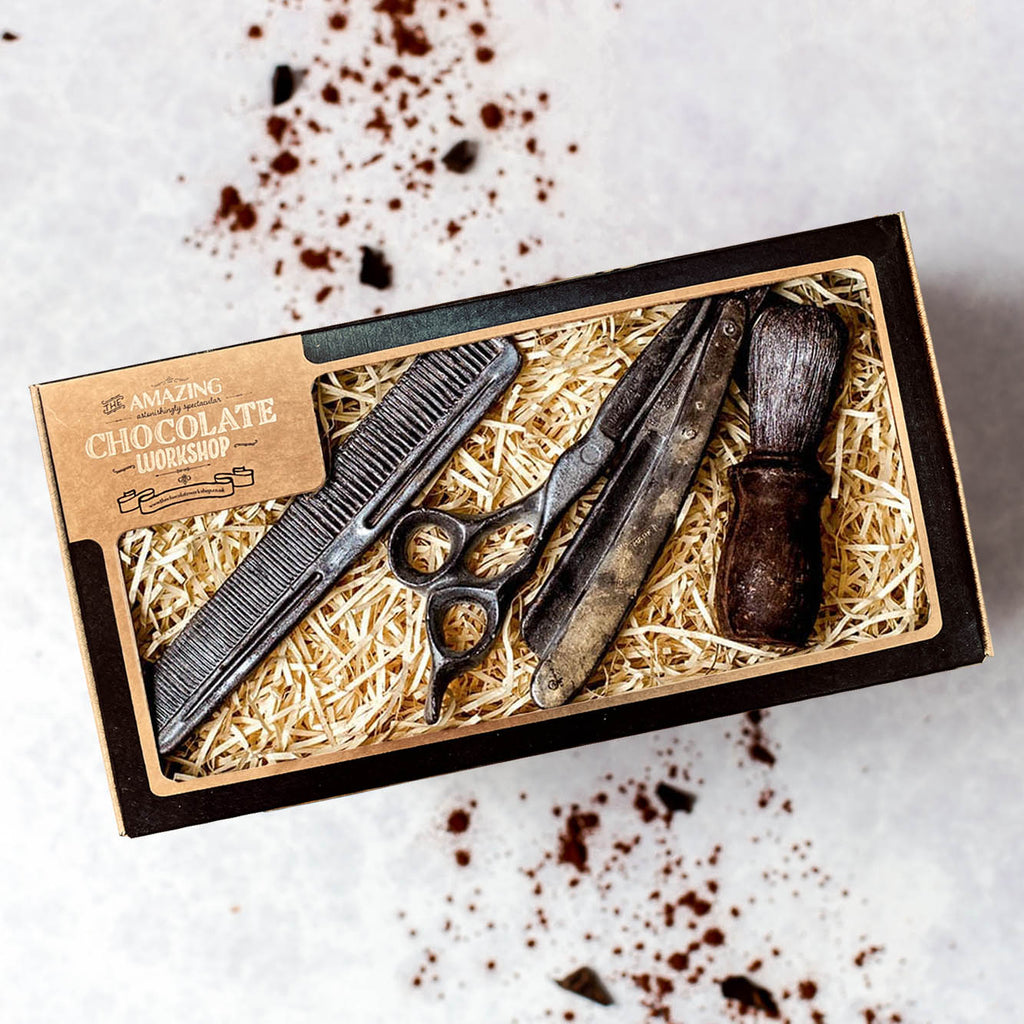 Barber and Beard Grooming Chocolate Gift Set with Razor Shaving Brush Scissors and Comb