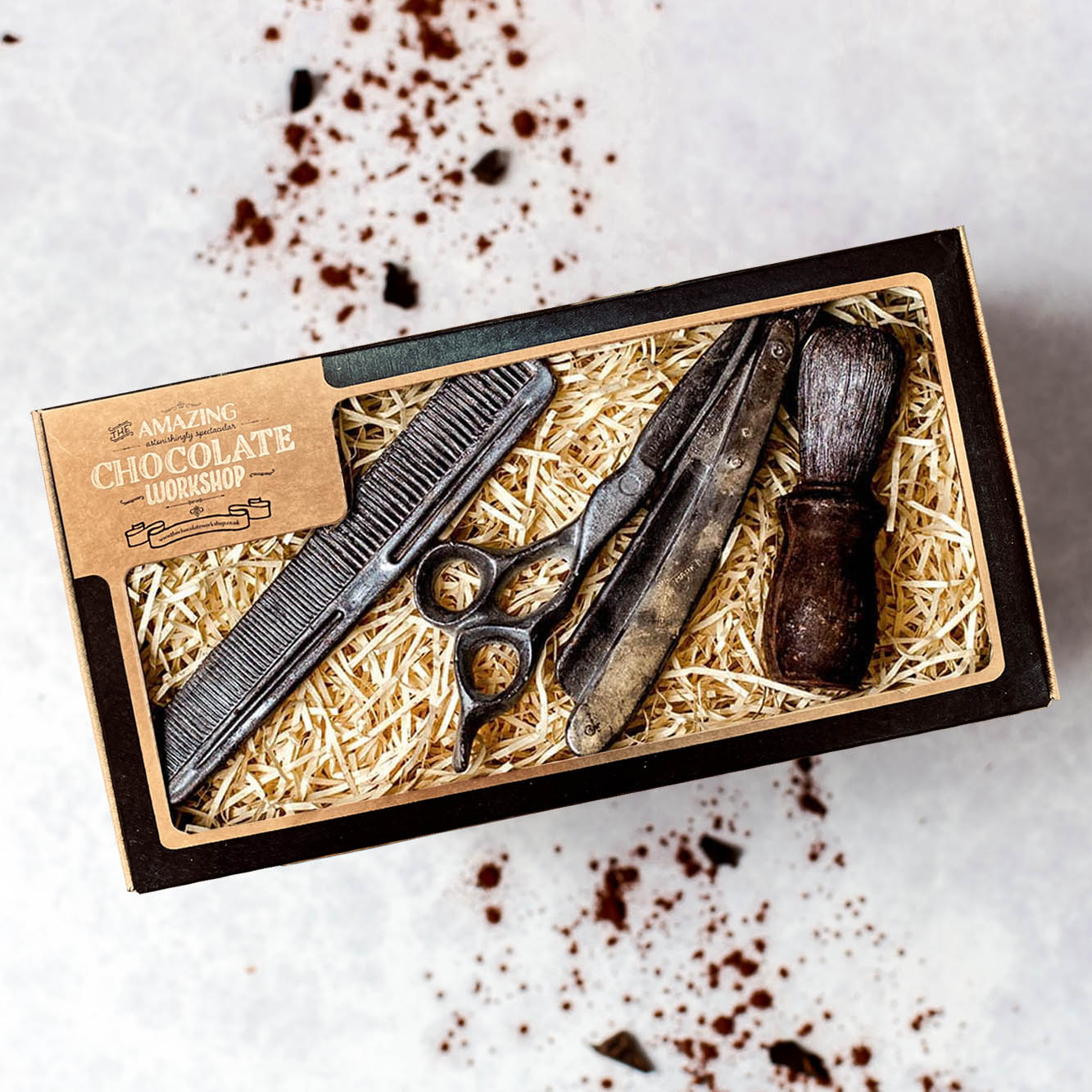 Barber and Beard Grooming Chocolate Gift Set with Razor Shaving Brush Scissors and Comb