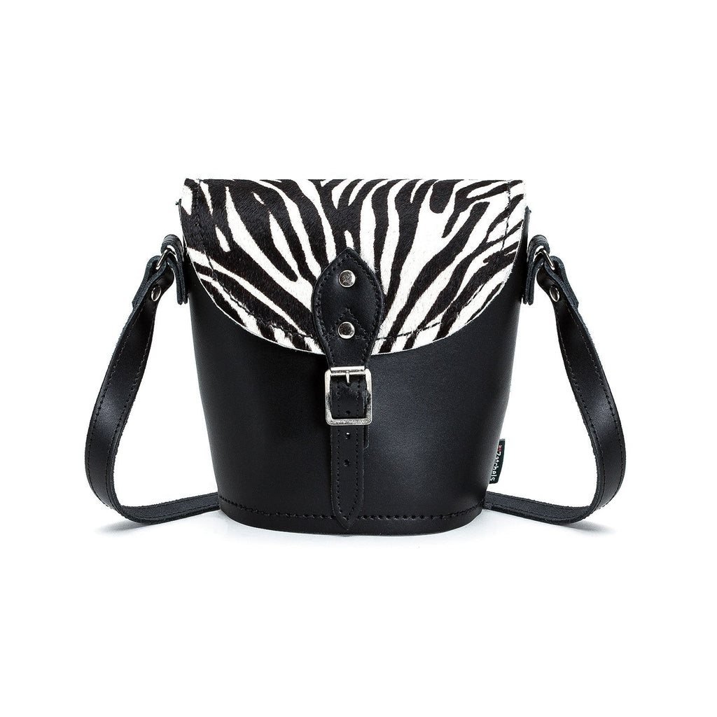Handmade Leather Barrel Bag in Zebra Print