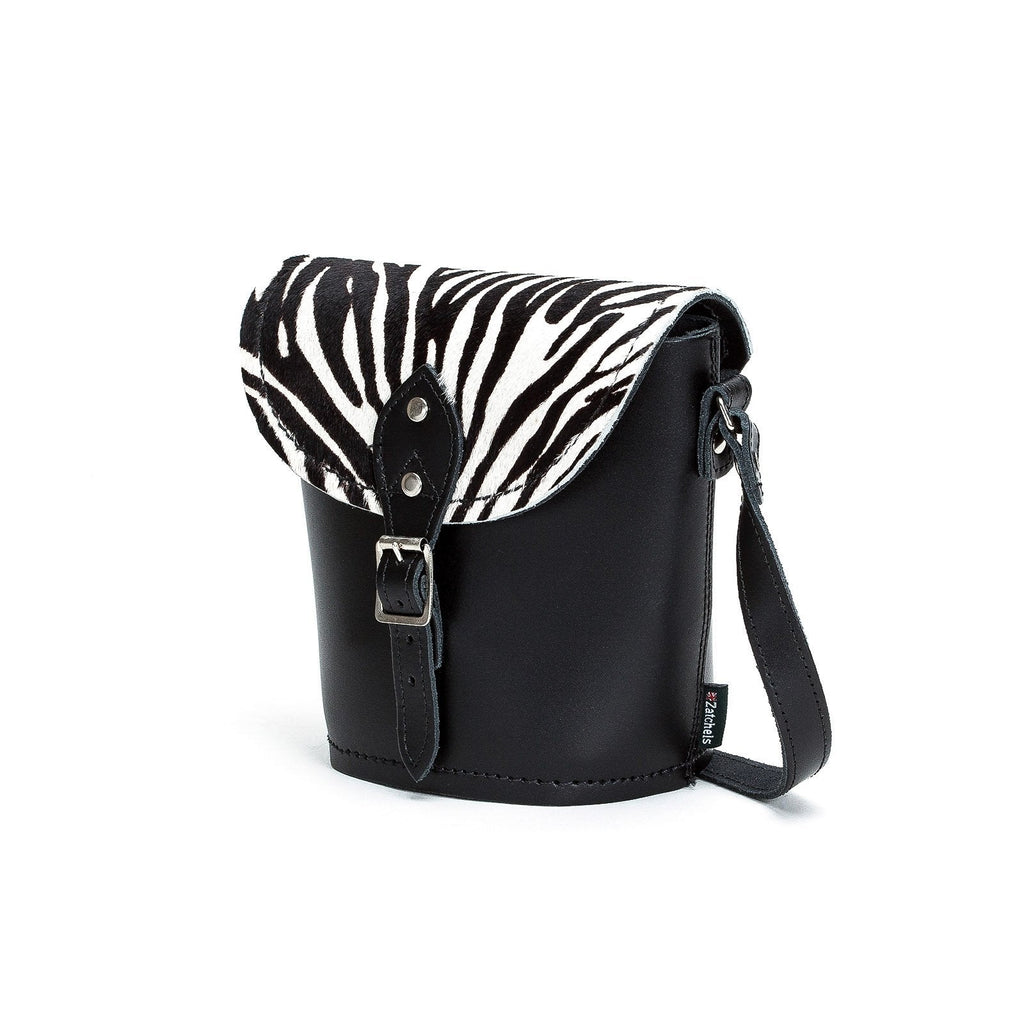 Handmade Leather Barrel Bag in Zebra Print