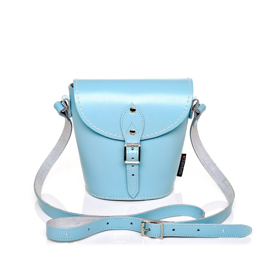 Handmade Leather Barrel Bag in Pastel Baby Blue