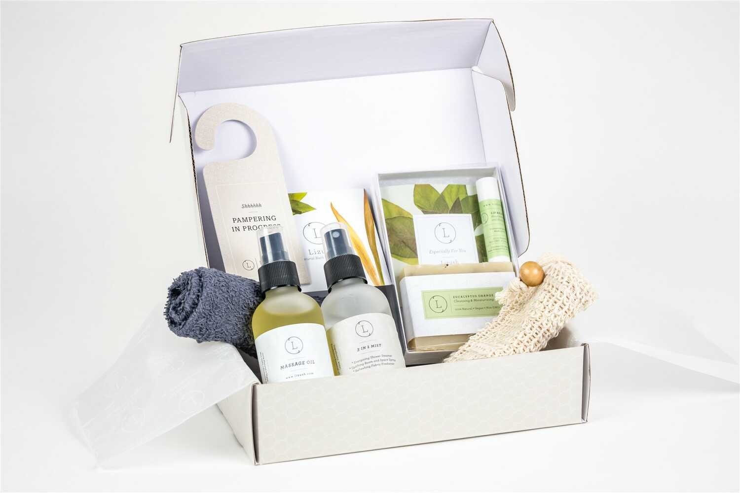 bold hero shot of a complete eucalyptus spa gift set for him and her in an elegant box