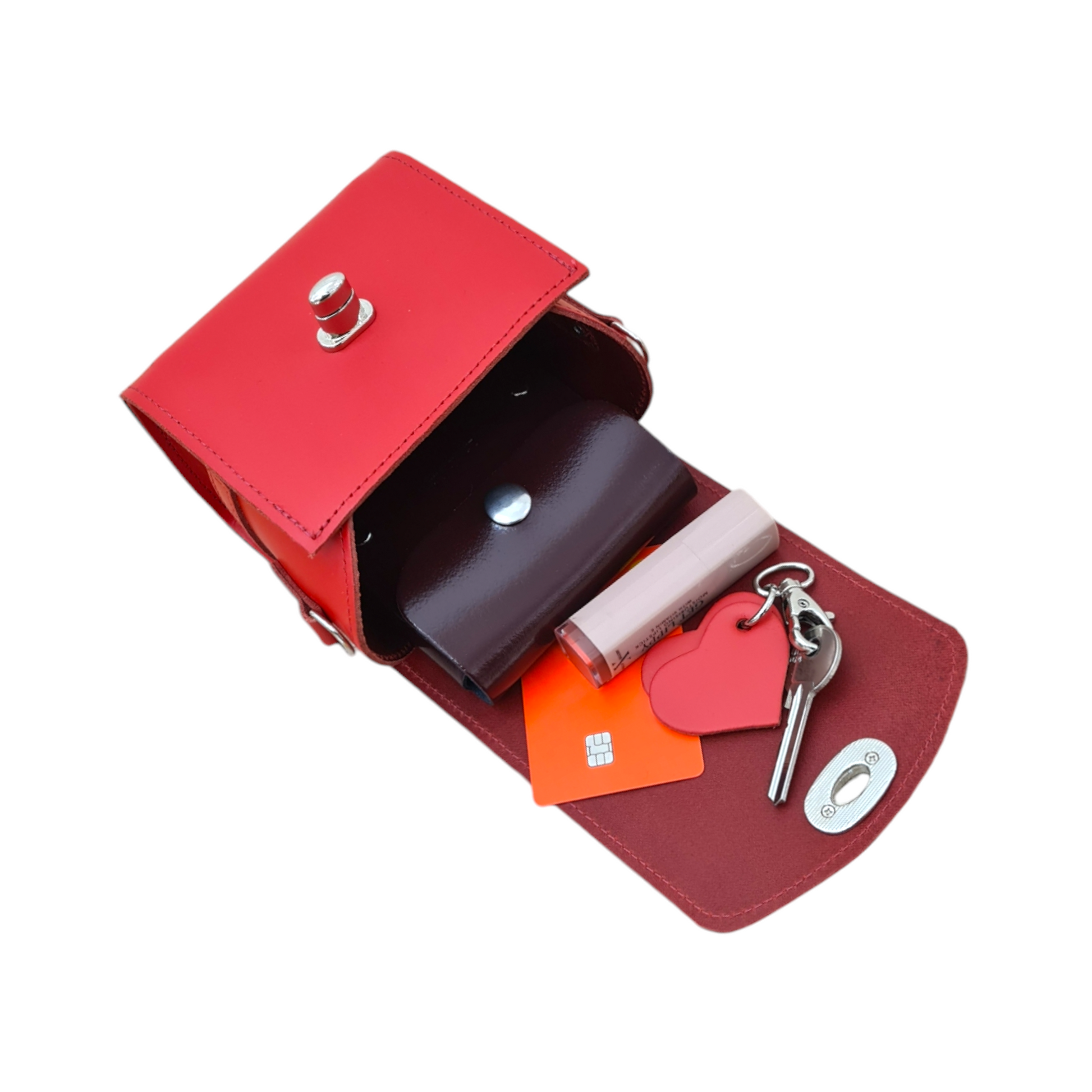 Handmade Leather Handbag in Pillar Box Red with Love Hearts Charm