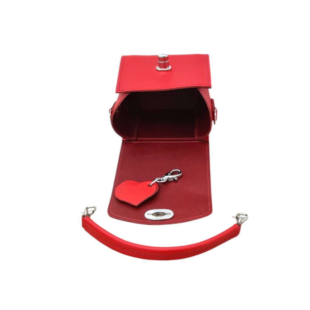 Handmade Leather Handbag in Pillar Box Red with Love Hearts Charm