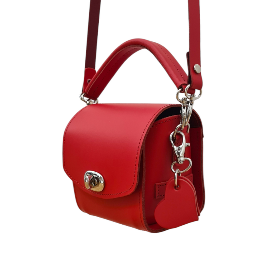 Handmade Leather Handbag in Pillar Box Red with Love Hearts Charm