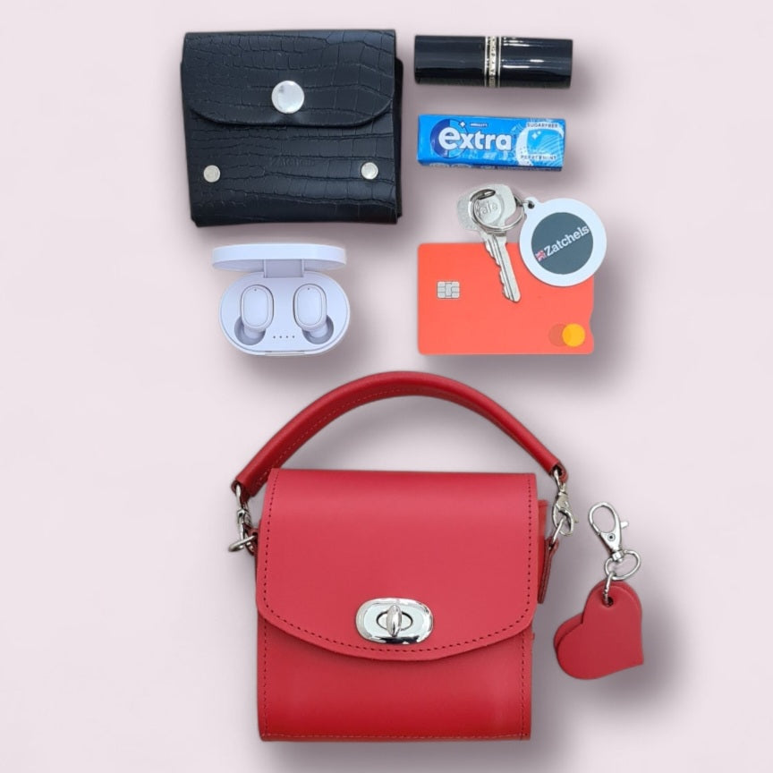 Handmade Leather Handbag in Pillar Box Red with Love Hearts Charm