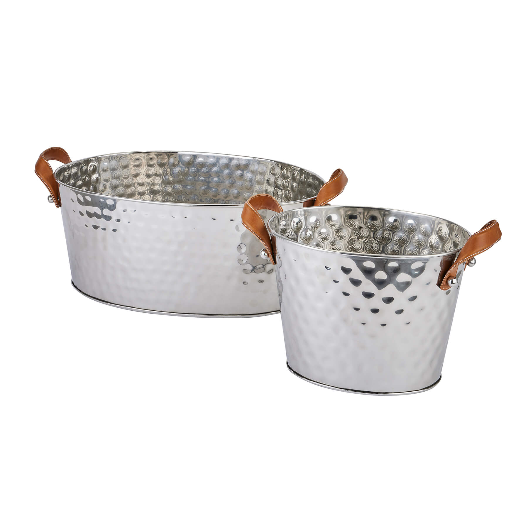 Silver champagne cooler with hand-hammered metal and leather handles, perfect for elegant entertaining by RoomLondon at brixbailey.com