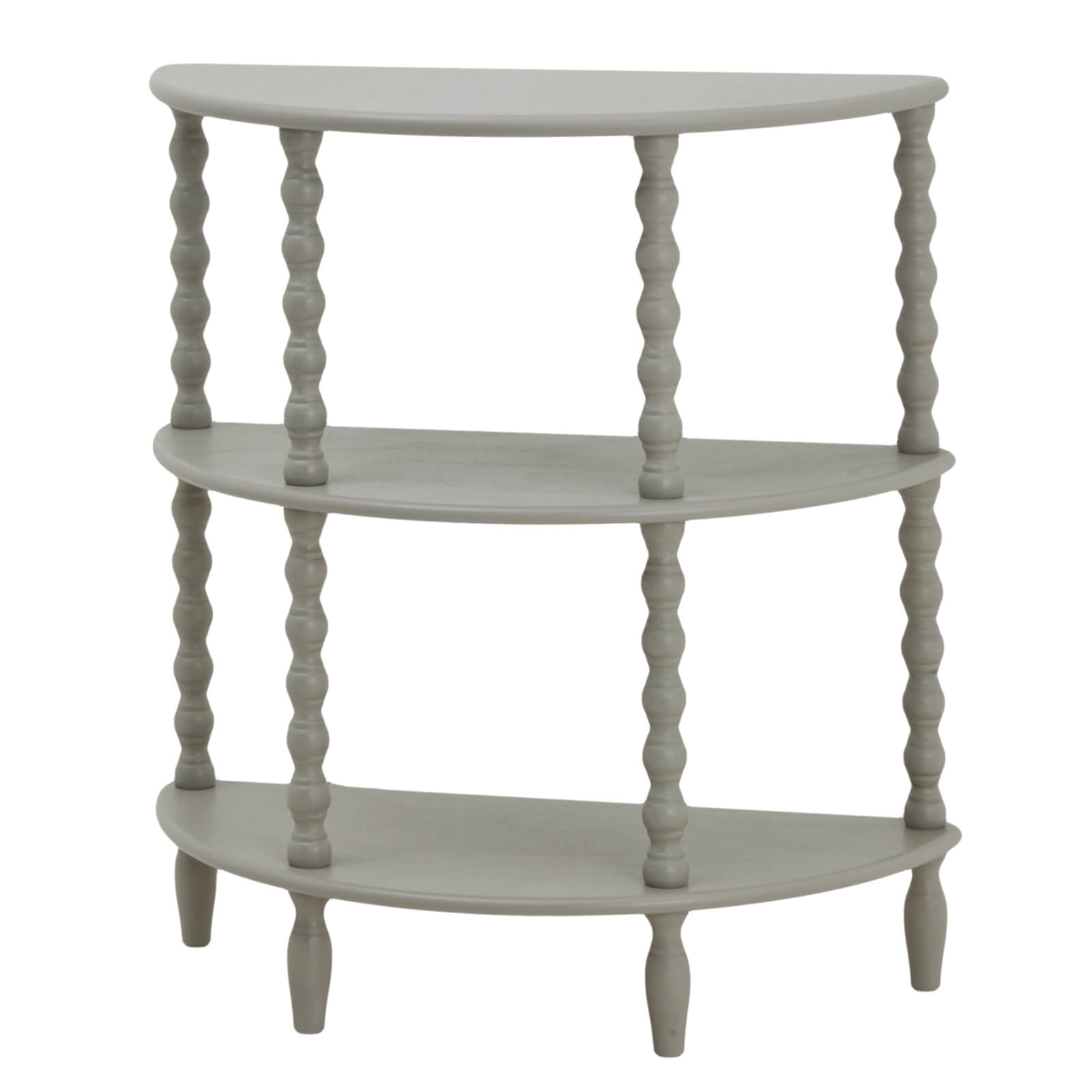 Camden three-tier table in grey, solid wood half-moon design with graduated display levels for elegant home decor by RoomLondon at brixbailey.com