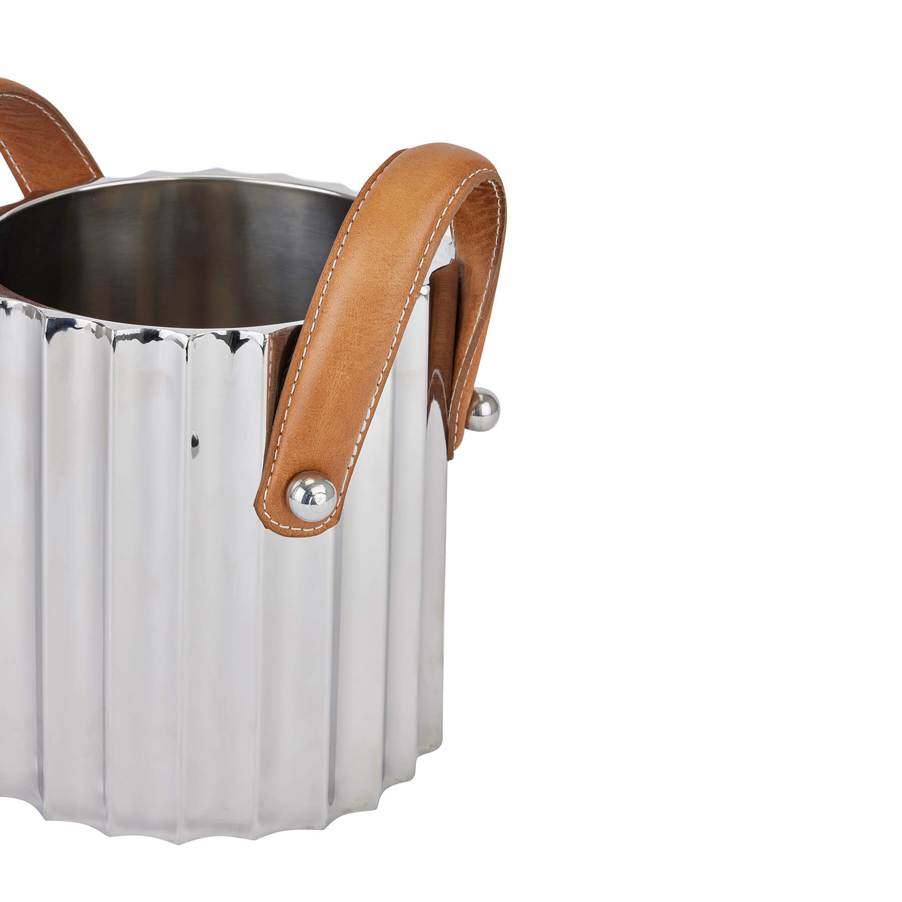 Silver fluted champagne cooler with stainless steel body and leather handles, reflecting elegant light for stylish entertaining. by RoomLondon at brixbailey.com