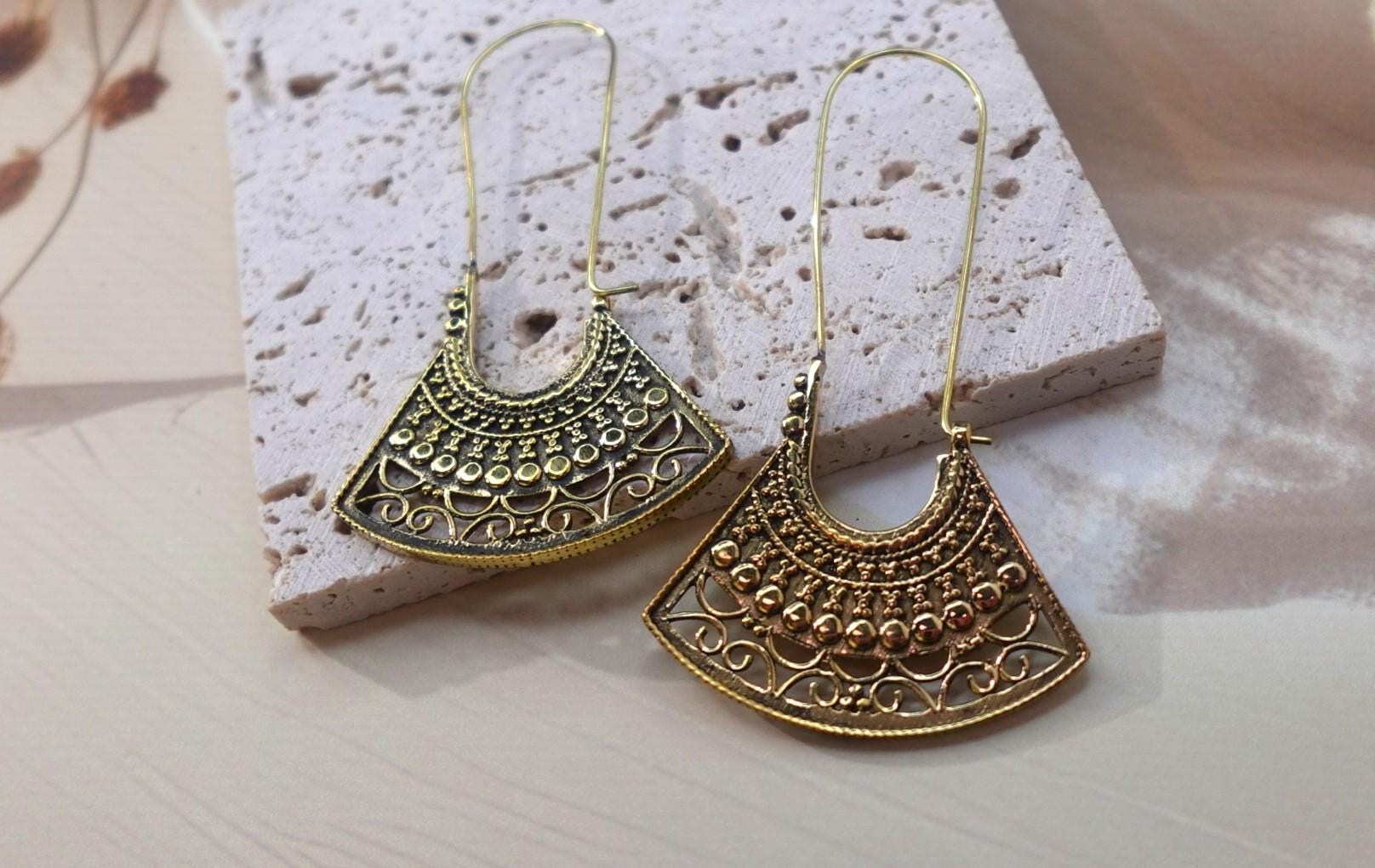 Fan Shaped Tribal Brass Earrings