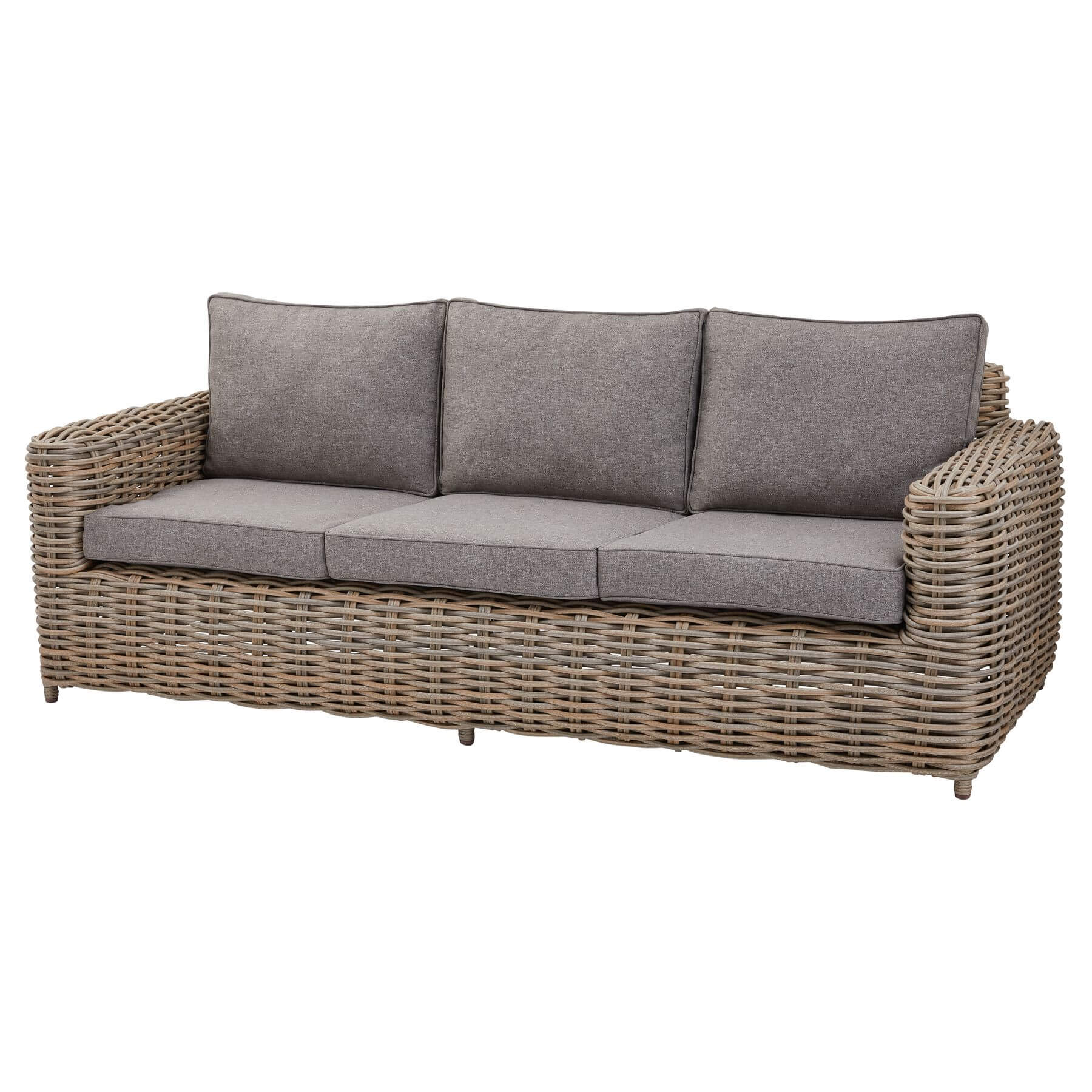 Premium beige 5-piece outdoor wicker set with coffee table and Olefin cushions on patio by Sostter at brixbailey.com