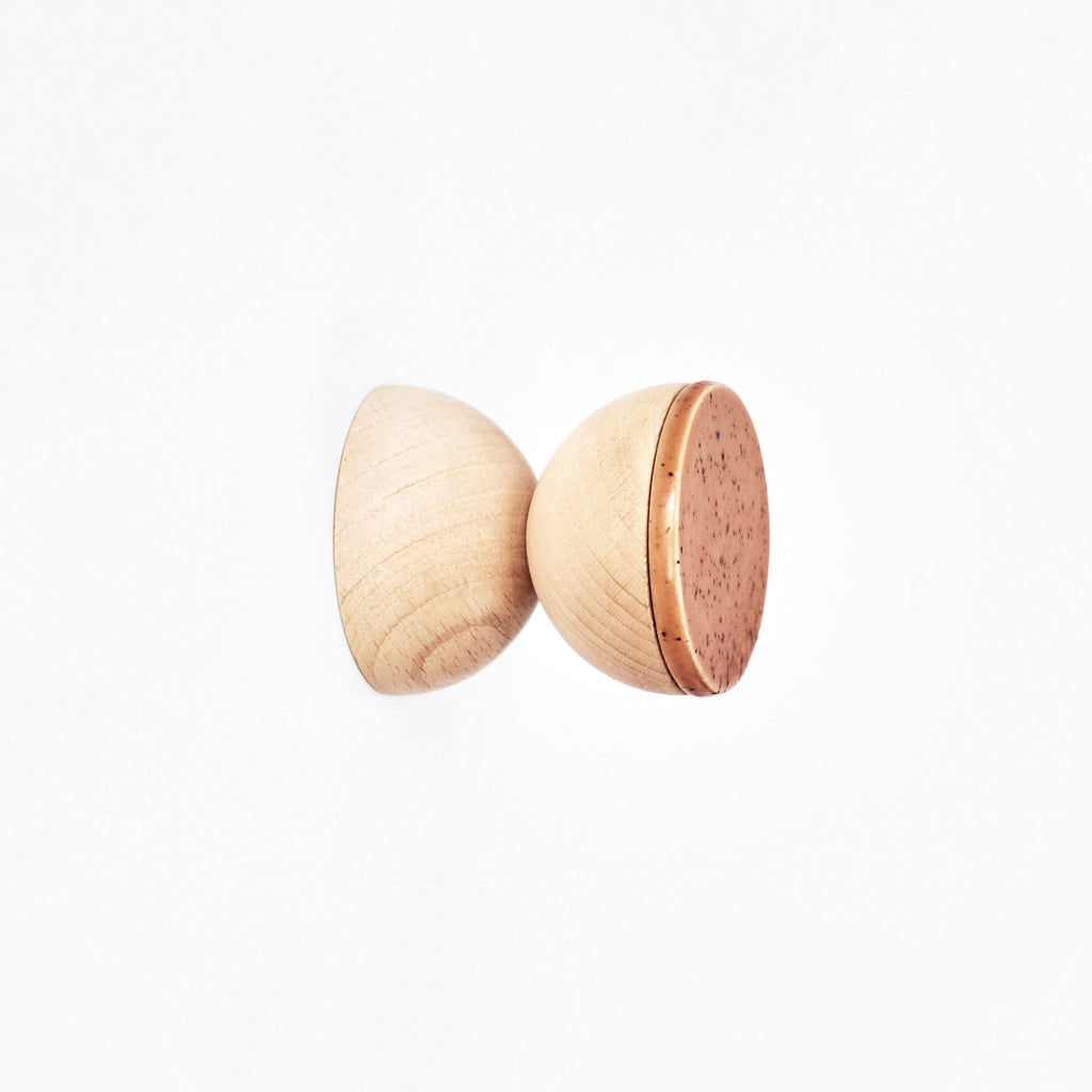 functional beech wood wall hook with terracotta-speckled ceramic front for coats or cabinet knobs