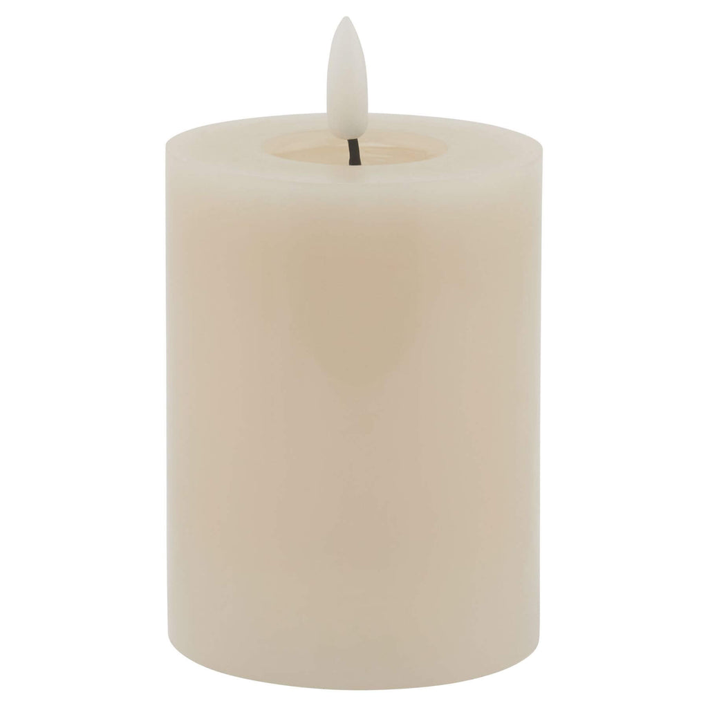 Taupe LED wax candle with realistic melt effect, flickering glow, and minimalist design for flameless ambiance by sostter at brixbailey.com