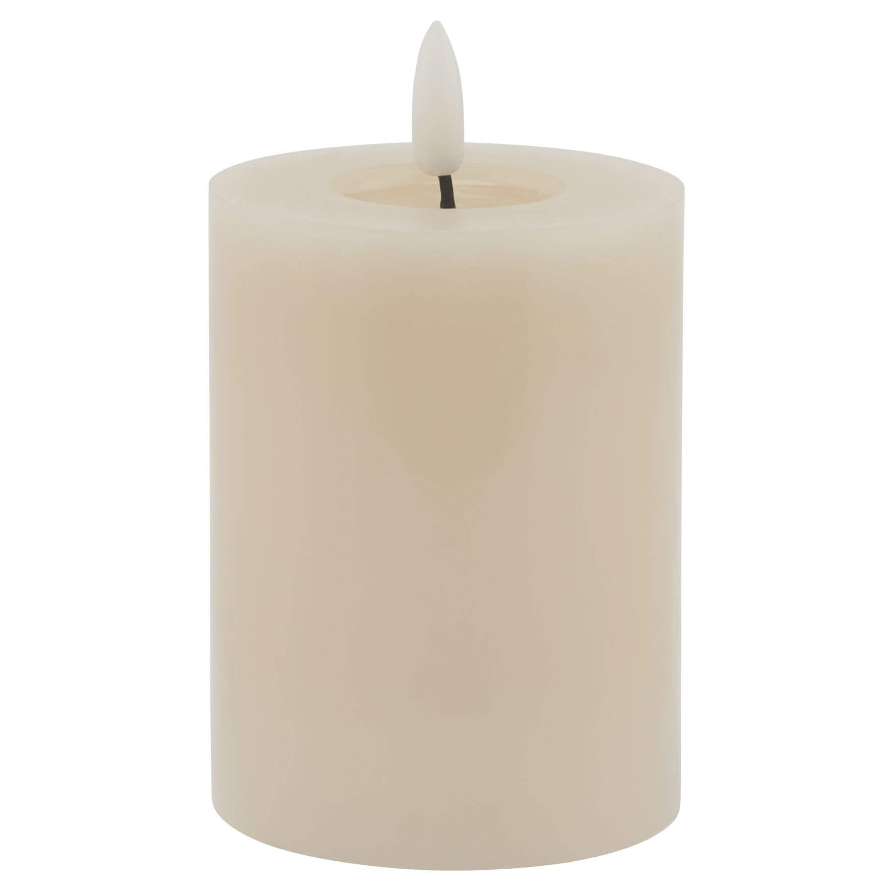 Taupe LED wax candle with realistic melt effect, flickering glow, and minimalist design for flameless ambiance by sostter at brixbailey.com