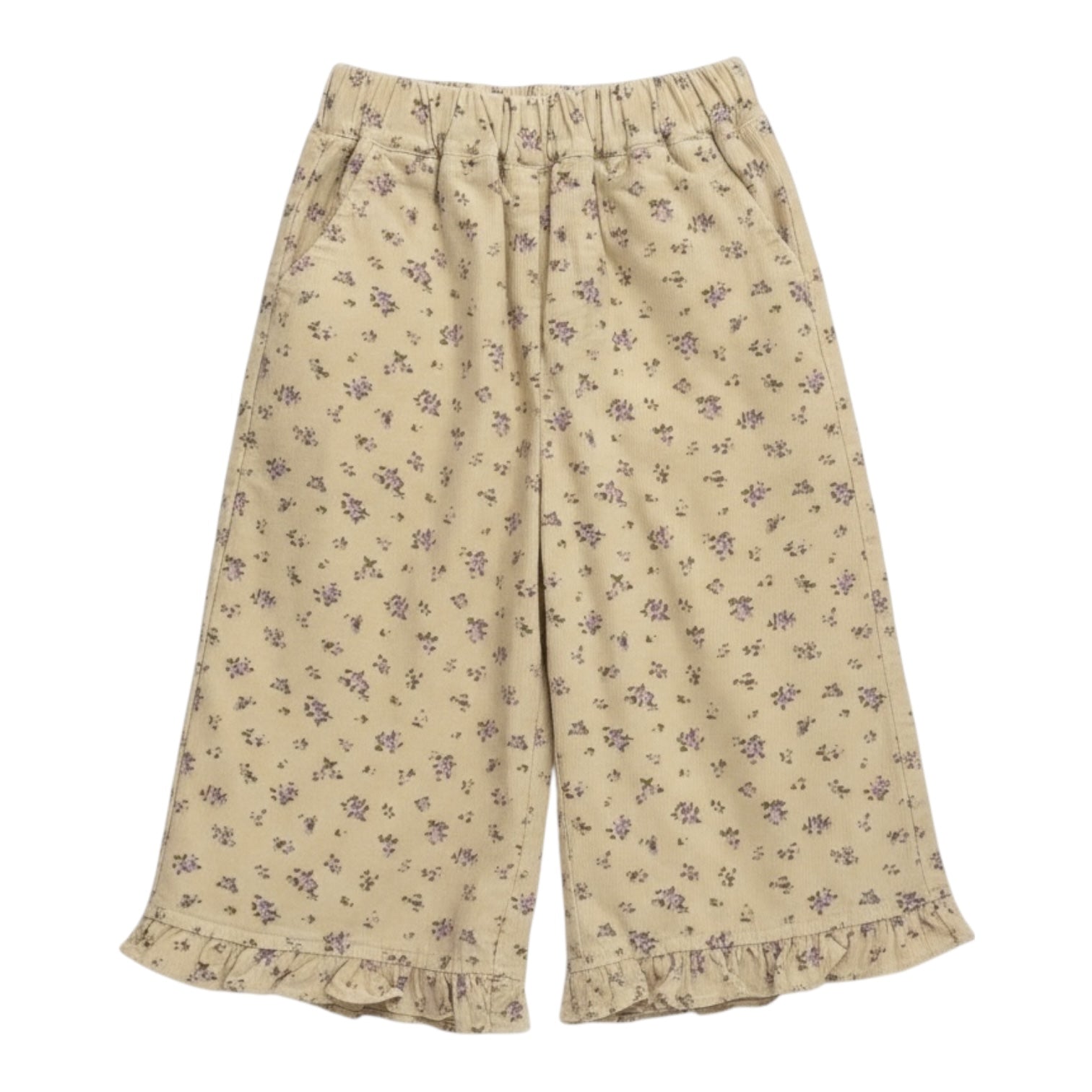 Beige Floral Corduroy Ruffle Hem Trousers