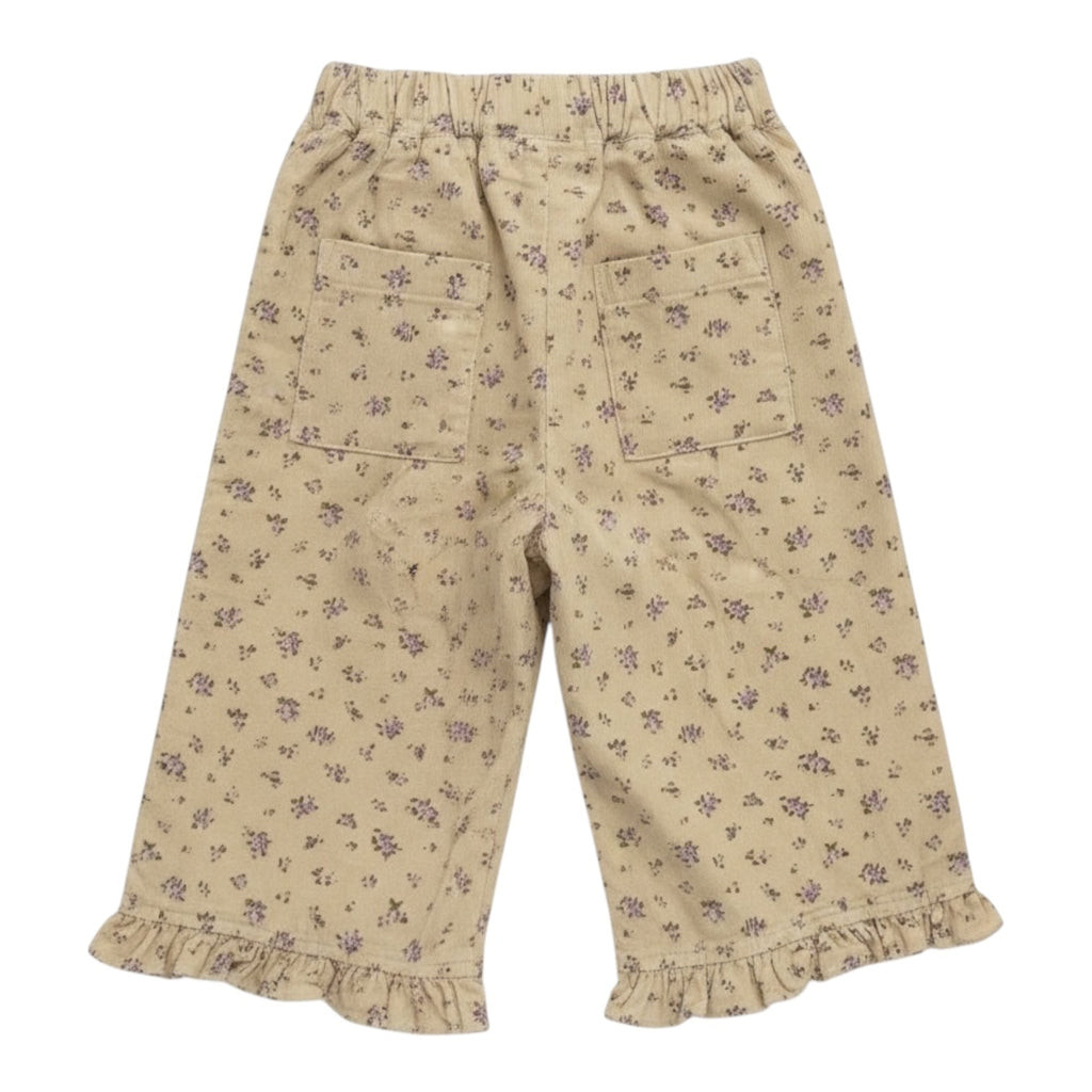 Beige Floral Corduroy Ruffle Hem Trousers