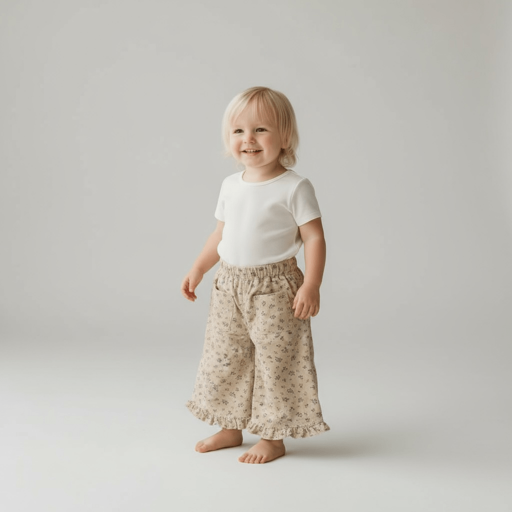 Beige Floral Corduroy Ruffle Hem Trousers