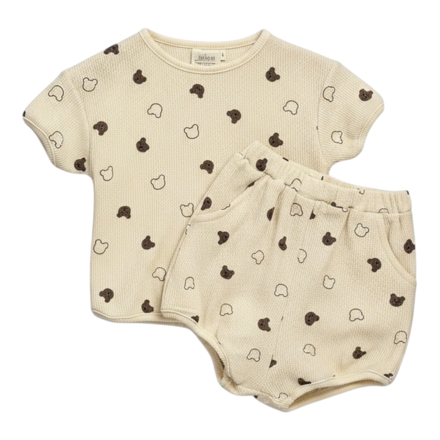 Beige Waffle Teddy Print Top and Shorts Set