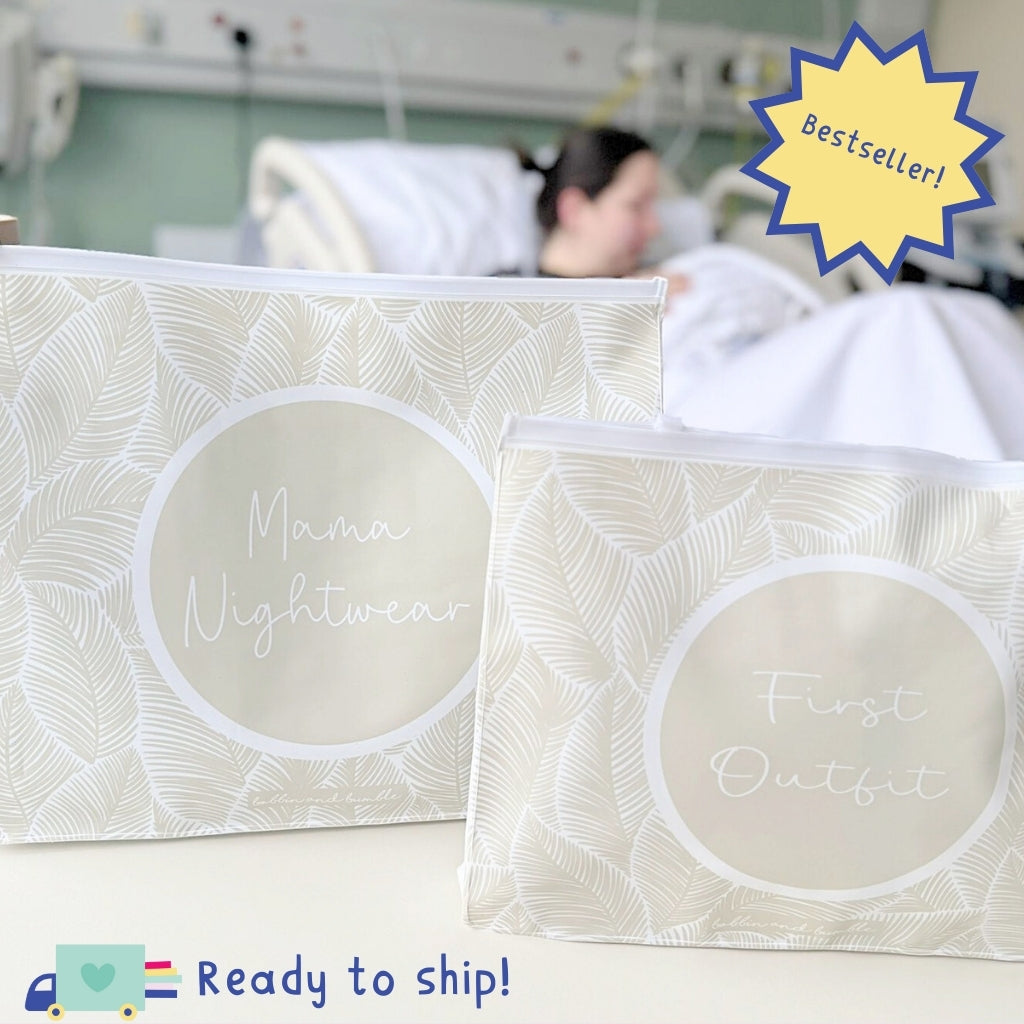 Hospital Bag Organiser Pouches - Unisex Beige Leaf Print