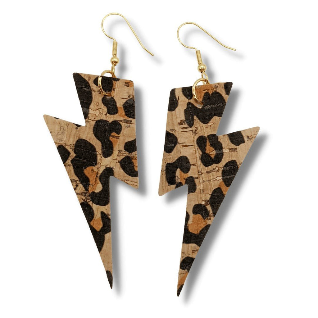 Big Leopard Print Cork Lightning Bolt Earrings