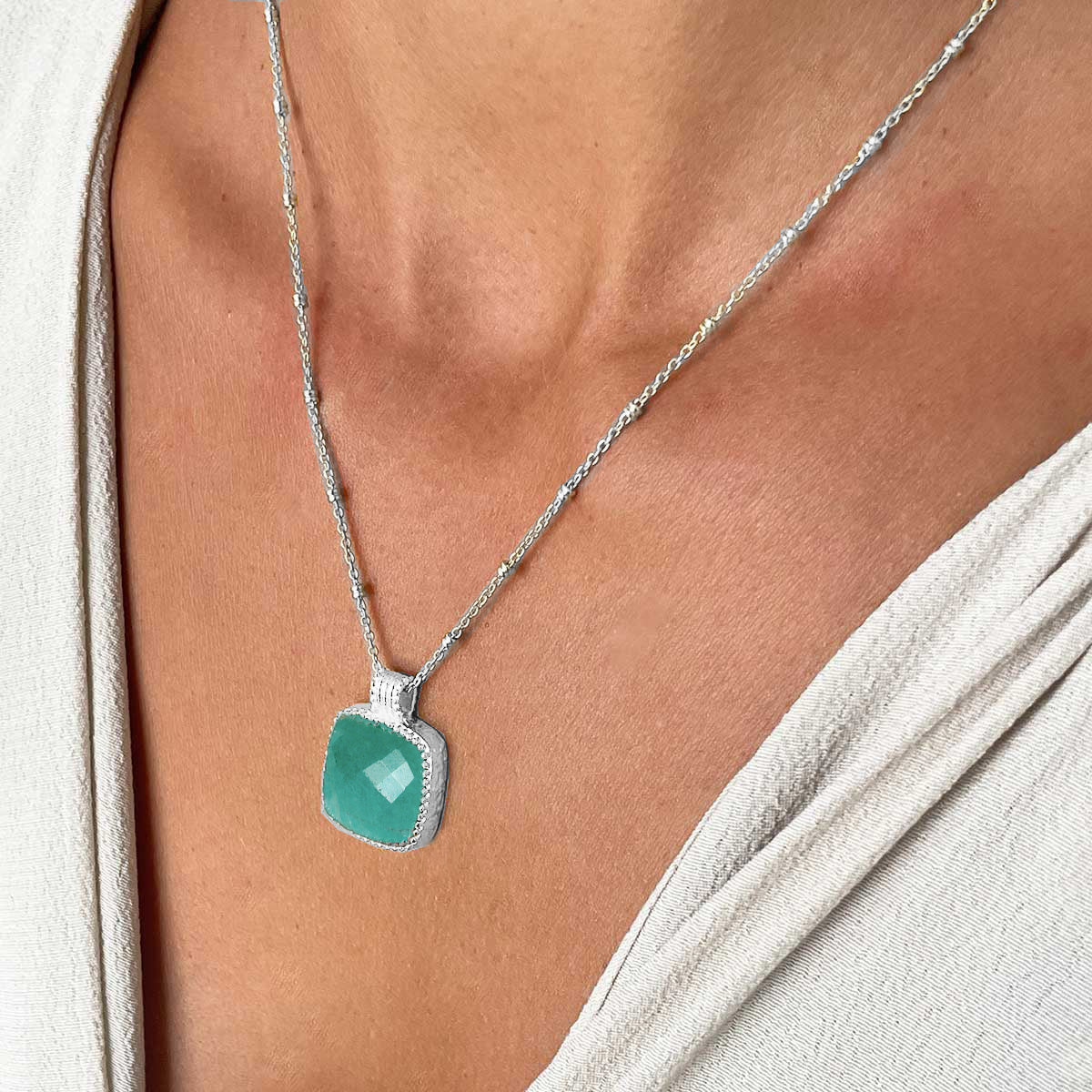 Large Square Amazonite Pendant in Silver