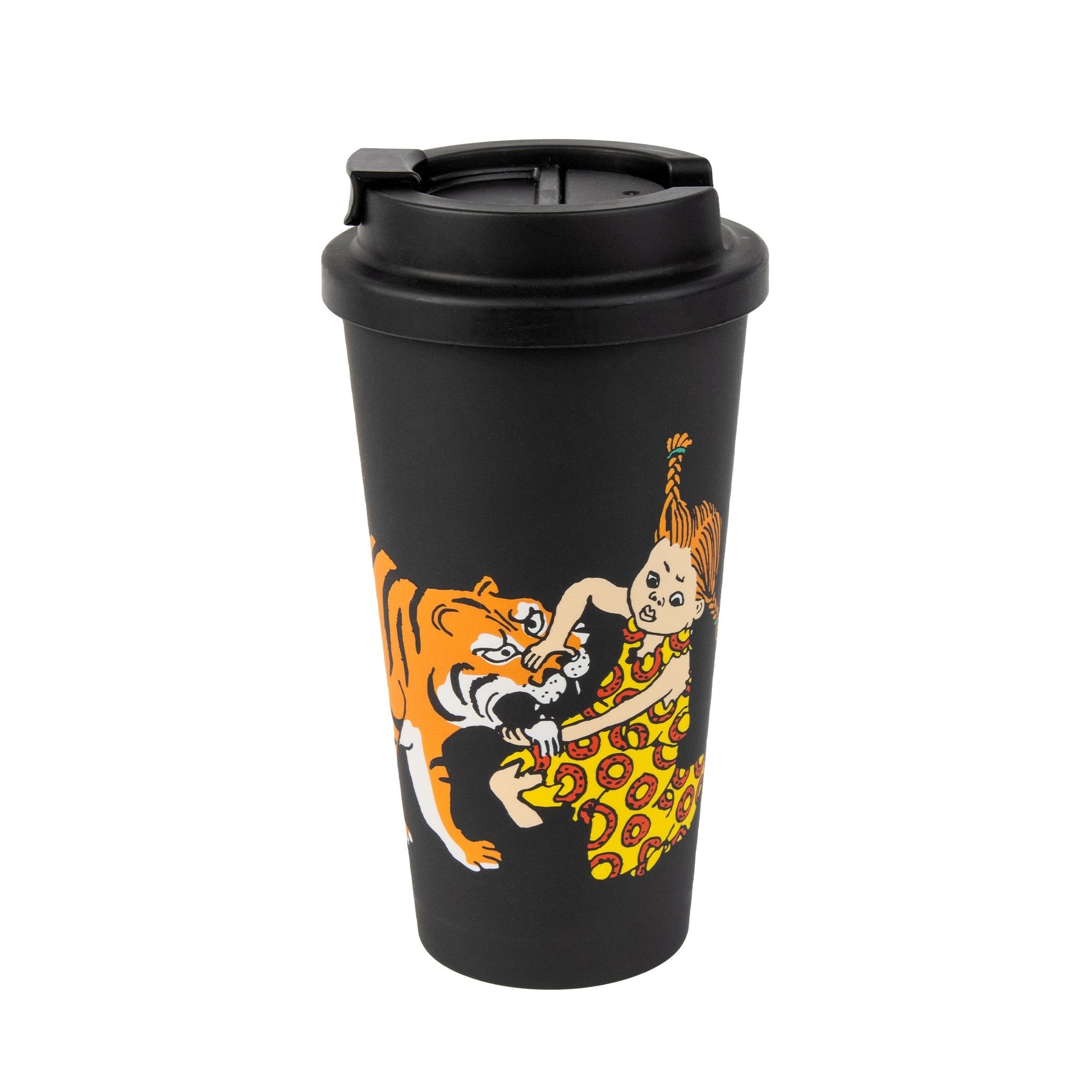 bold black biodegradable coffee mug with sleek silicone sleeve and secure screw-top lid