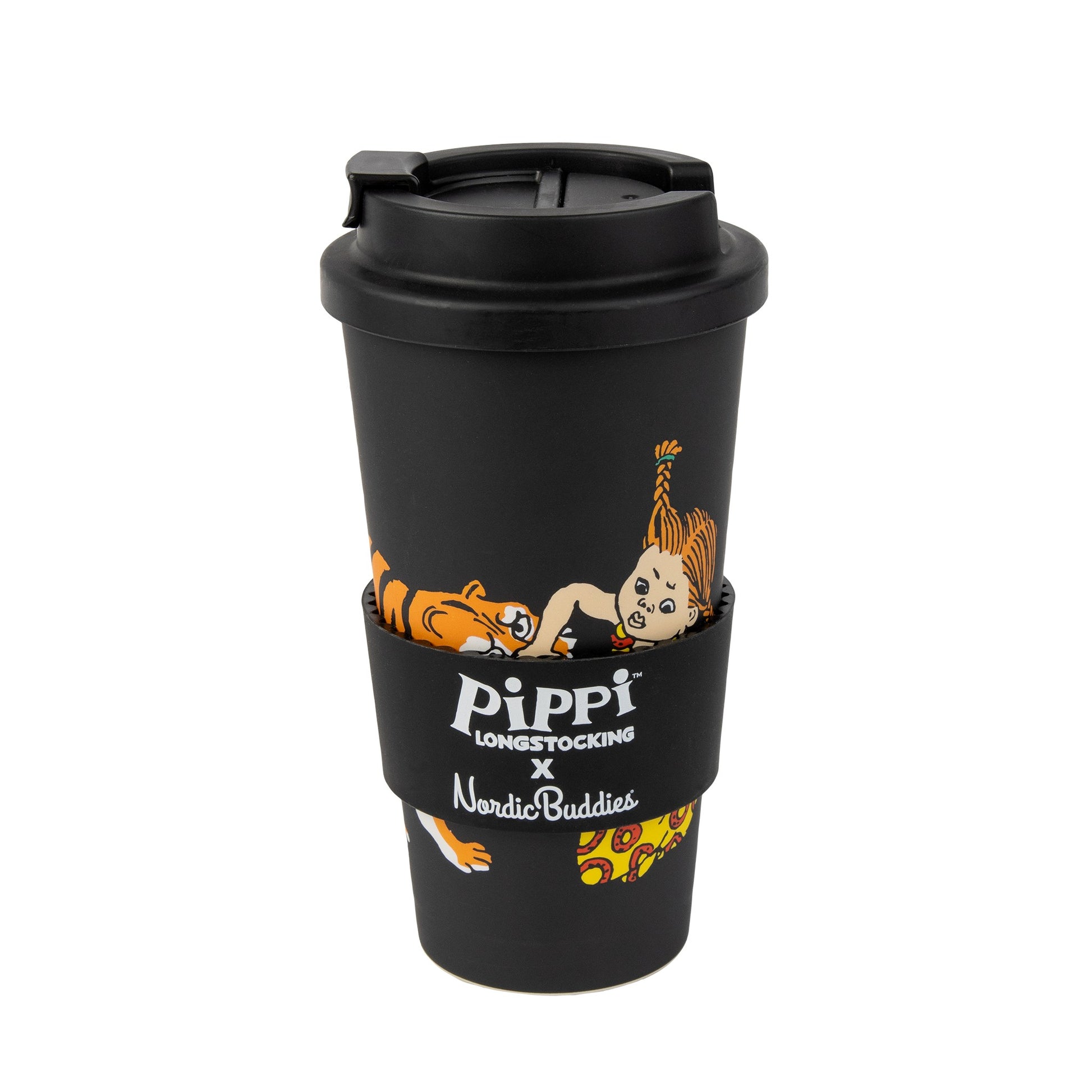 black biodegradable travel mug with secure screw-on lid and silicone sleeve on a wooden table