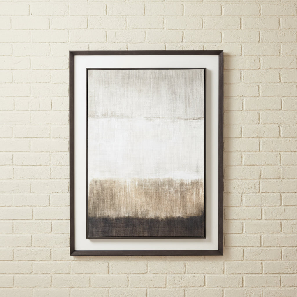 Abstract neutral-toned linen artwork in dark wood frame, 120x90cm, ideal for modern minimalist interiors by sostter at brixbailey.com