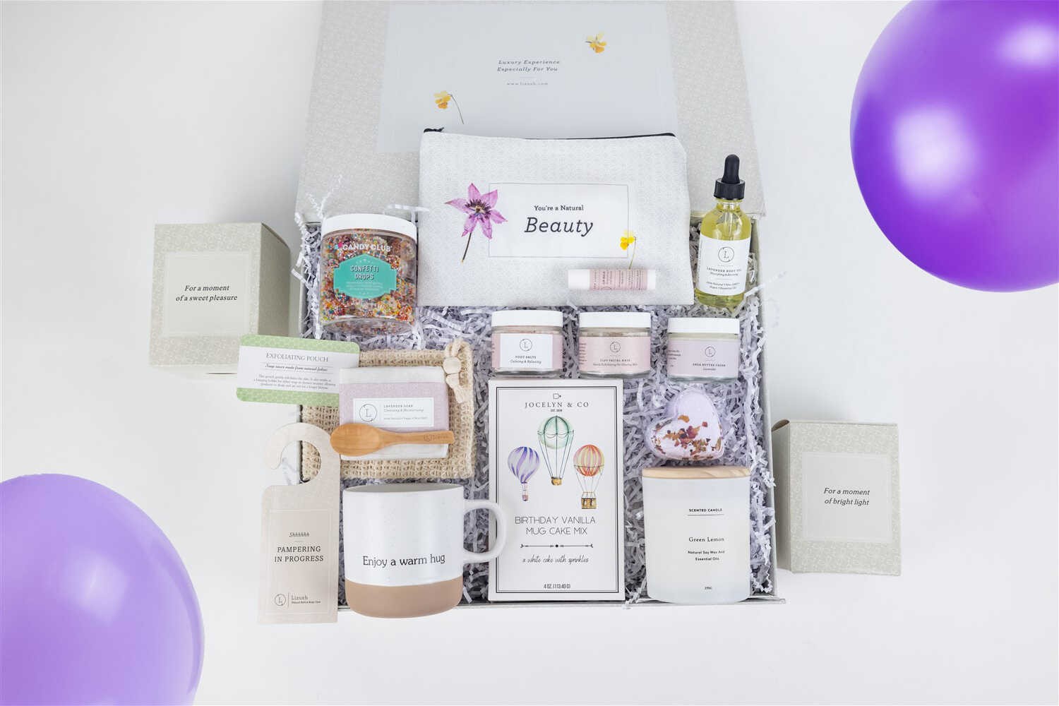 bold presentation of a deluxe birthday gift set with 15 artisan-crafted pampering items