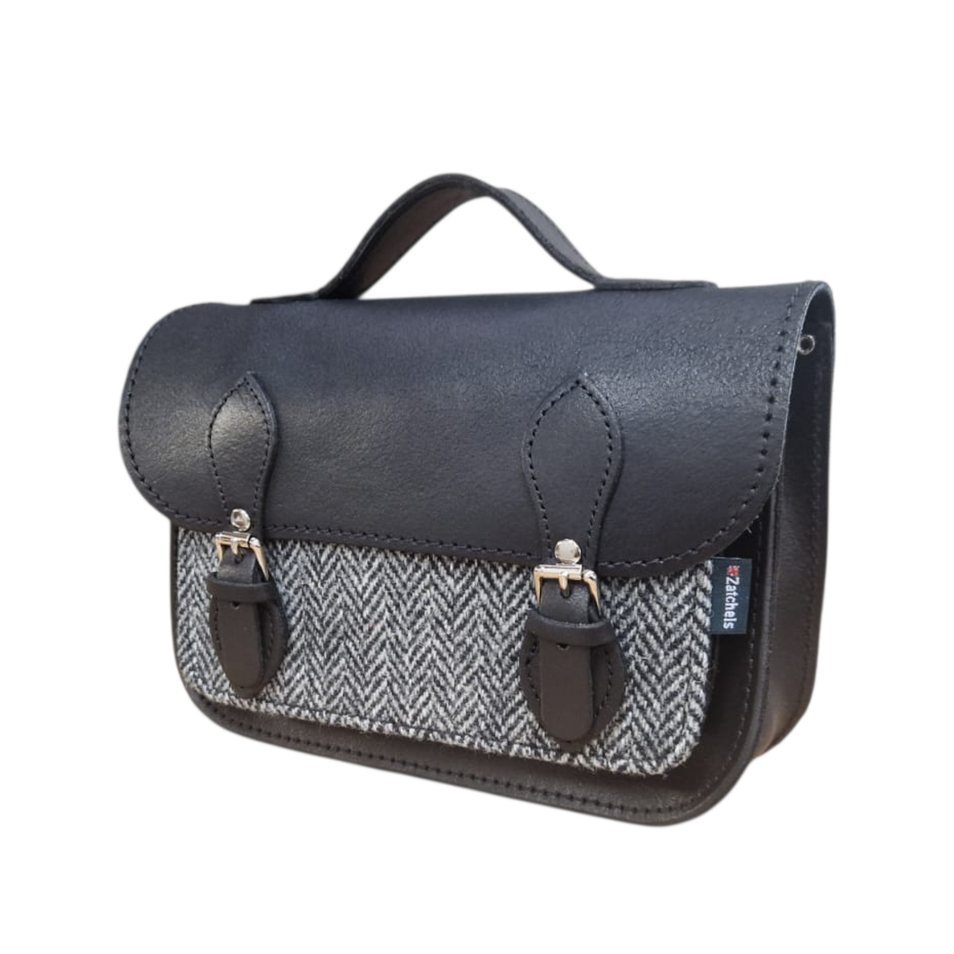 Midi Black and Tweed Leather Satchel Handmade