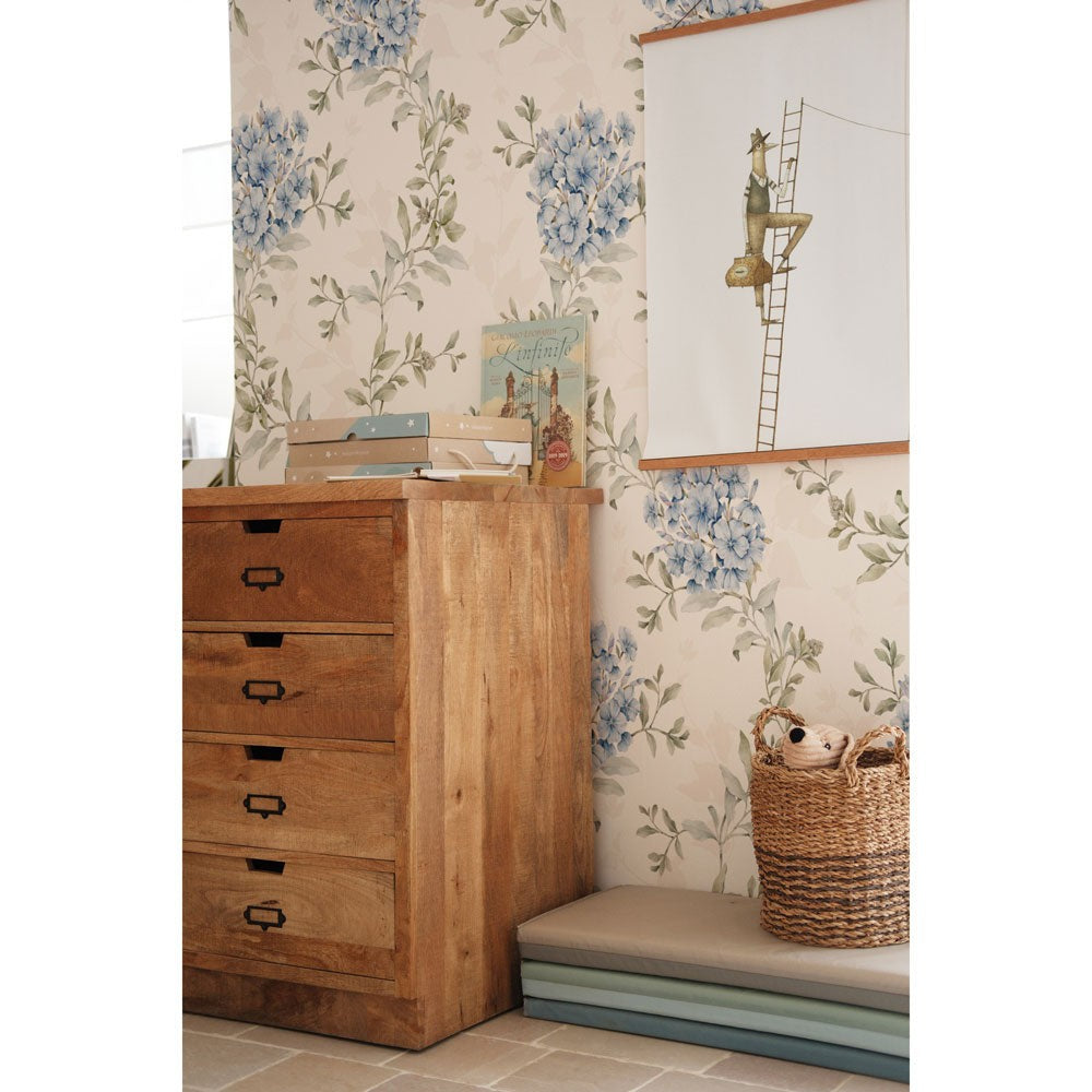 bold close-up of elegant blue floral wallpaper with intricate artisan-made patterns for a nursery