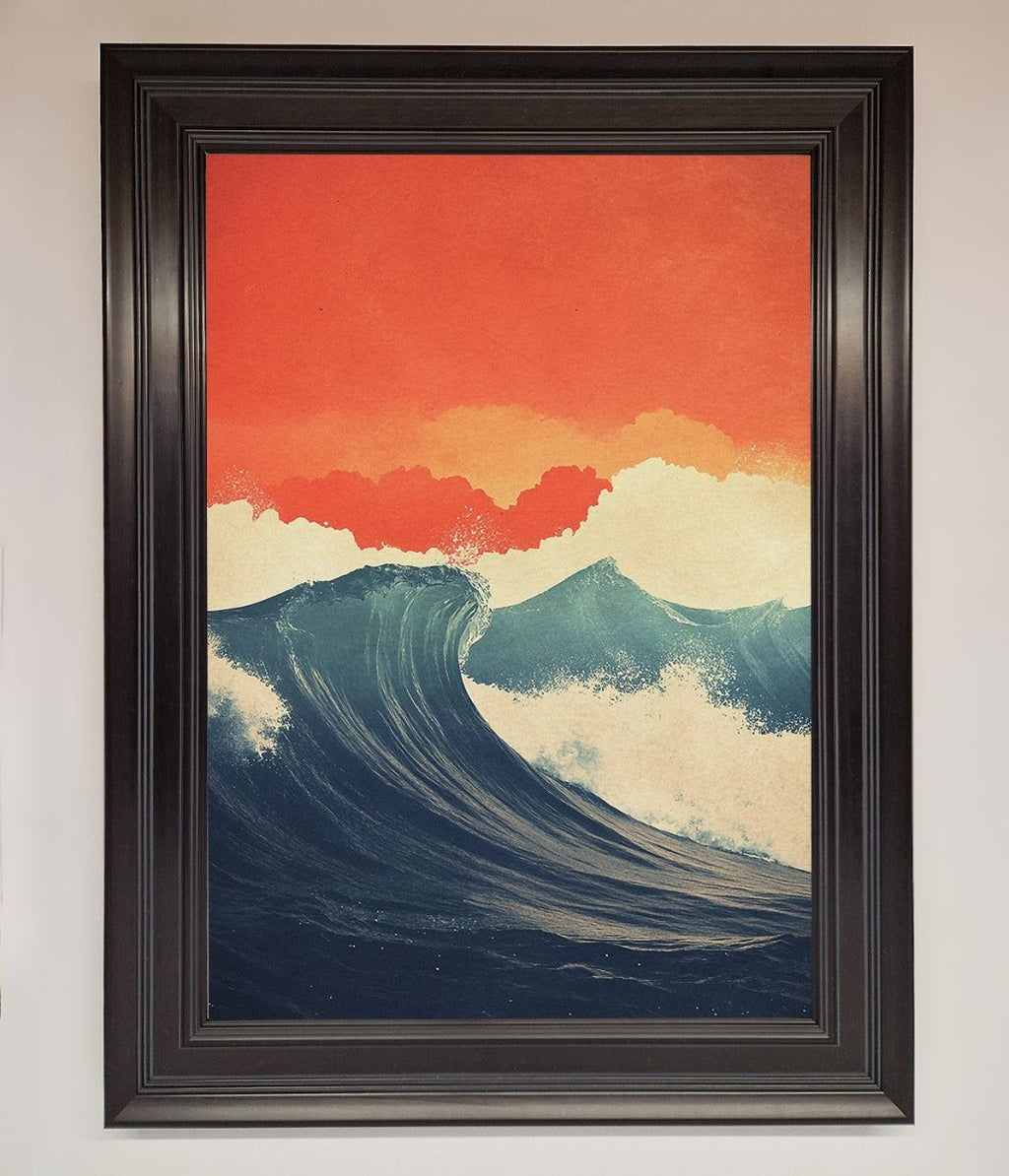 Blue Waves Crash Red Sunset Framed Poster